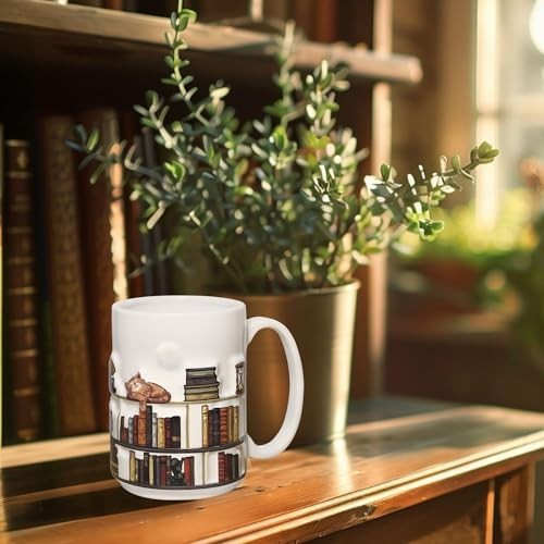 3D Embossed Book Mugs for Readers – 15oz Library Shelf Cup, Cat Lovers Gift