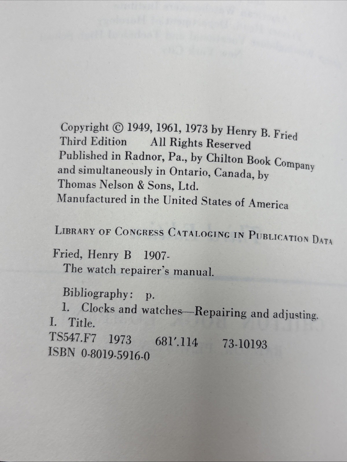 THE WATCH REPAIRER’S MANUAL BY HENRY FRIED 1974 THIRD EDITION HC/DJ ILLUSTRATED