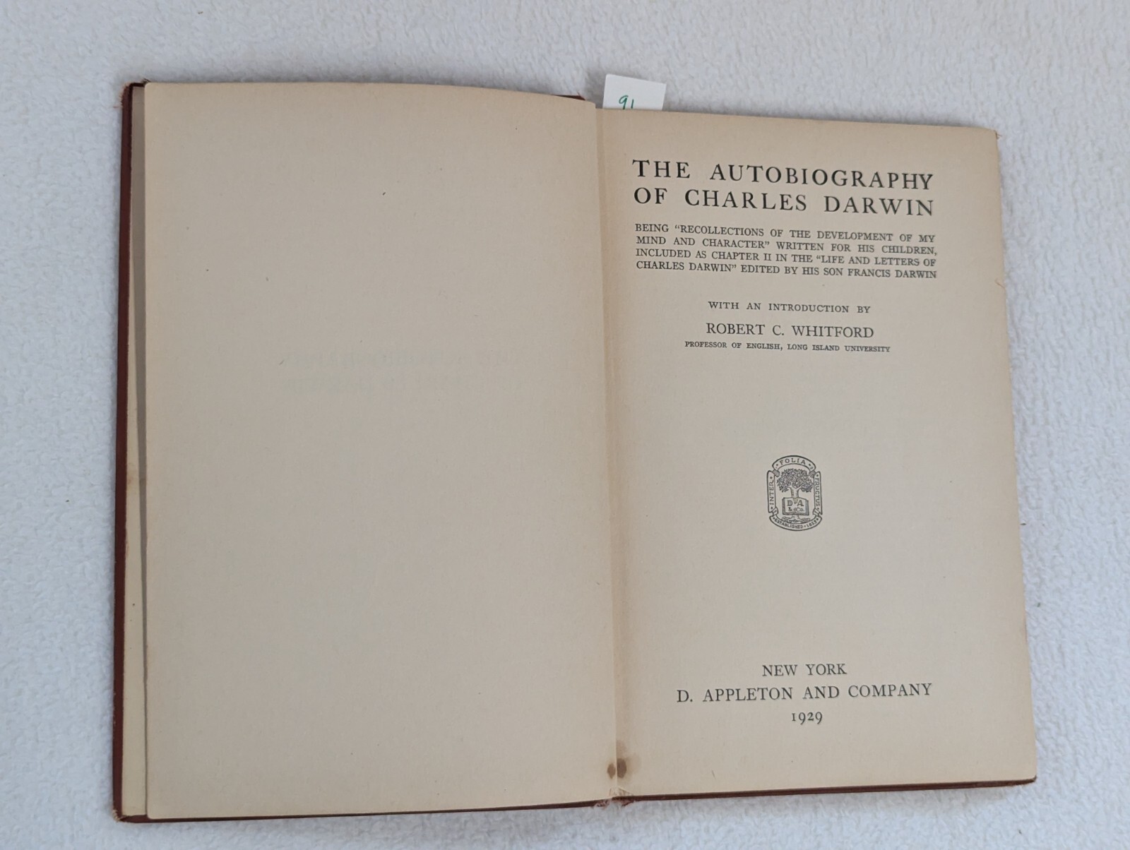 The Autobiography of Charles Darwin ~ Antique 1929 Hardcover ~ D. Appleton & Co