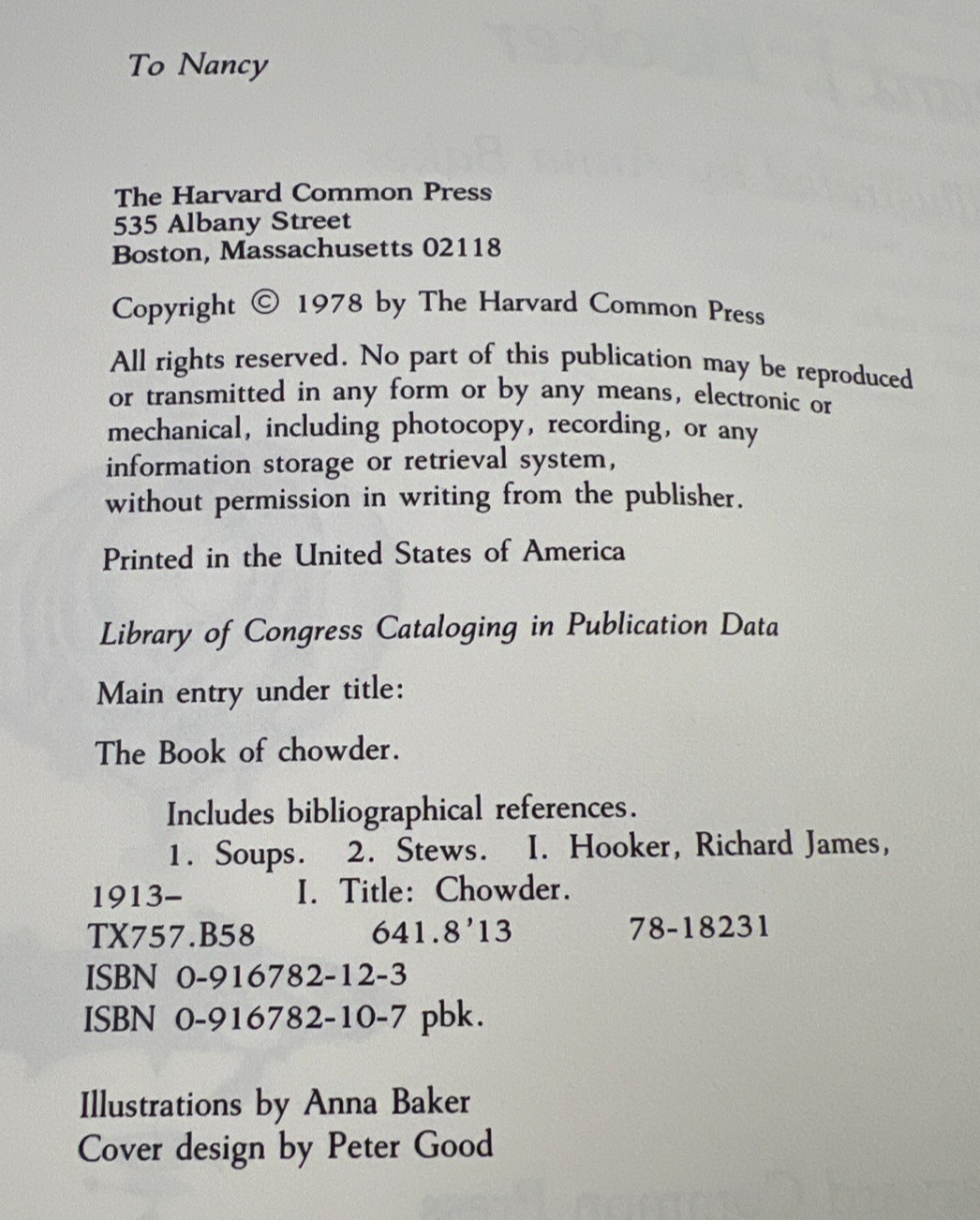 The Book of Chowder 1978 by Harvard Common Press