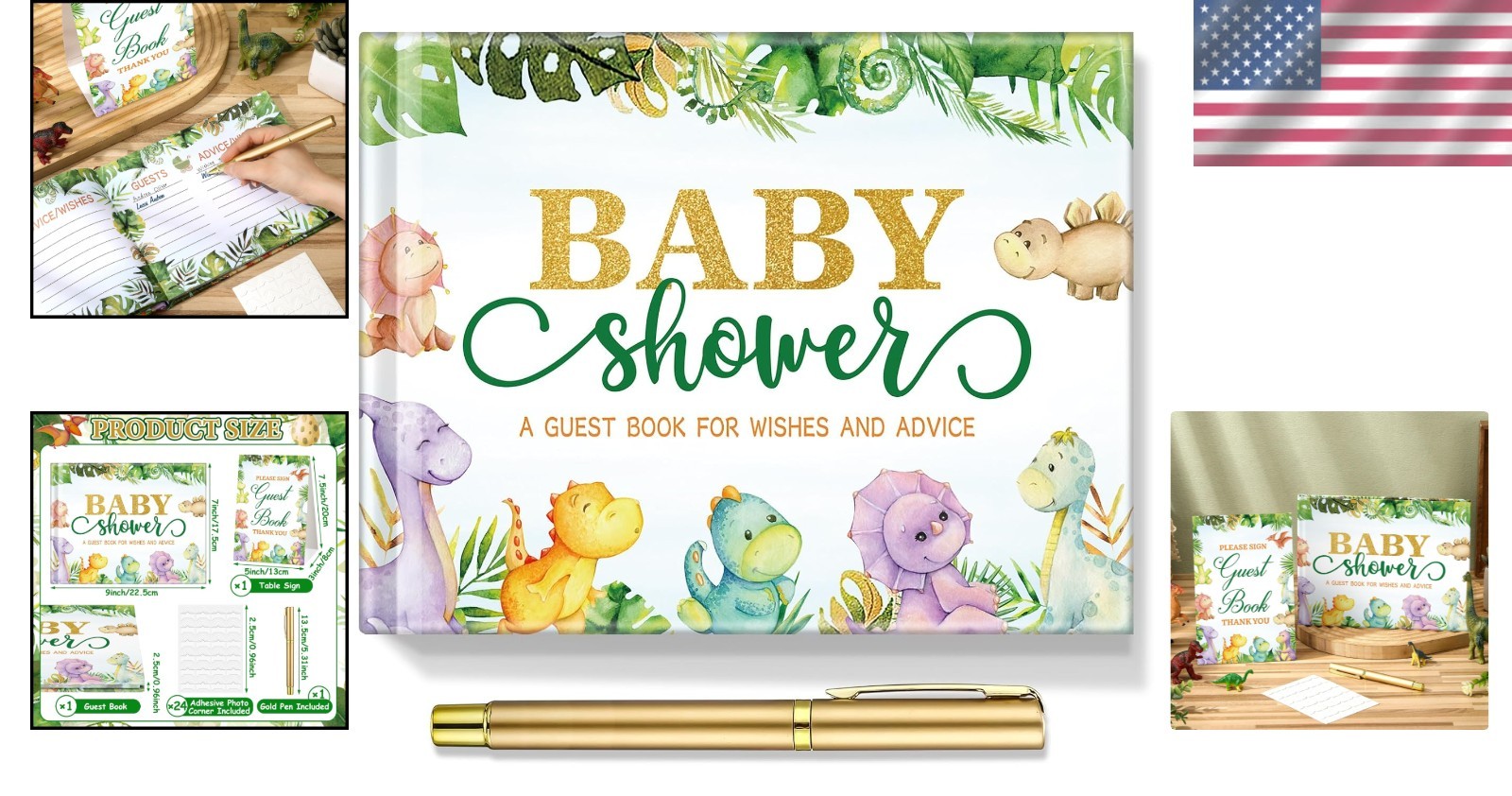 Delicate Dinosaur-Themed Baby Shower Guest Book with Golden Pen & Photo Corners