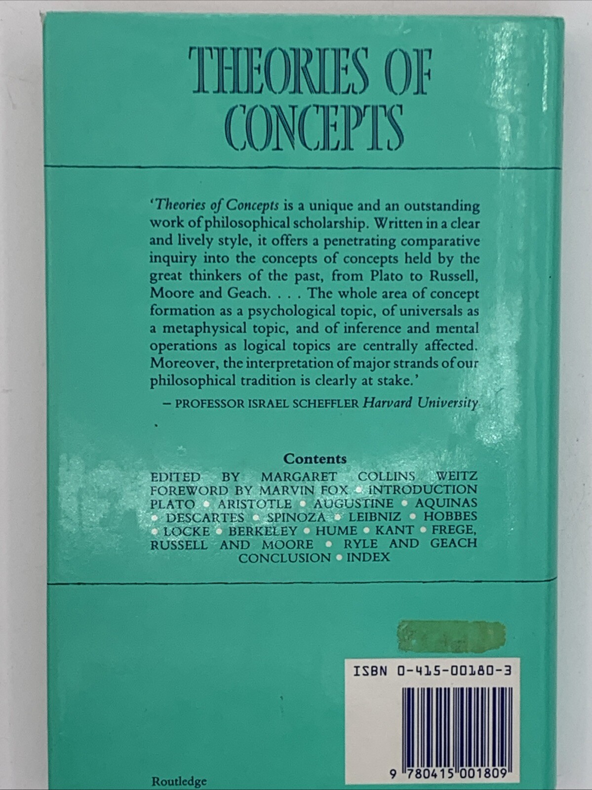 Theories of Concepts by Morris Weitz, Hardcover 1988, B138