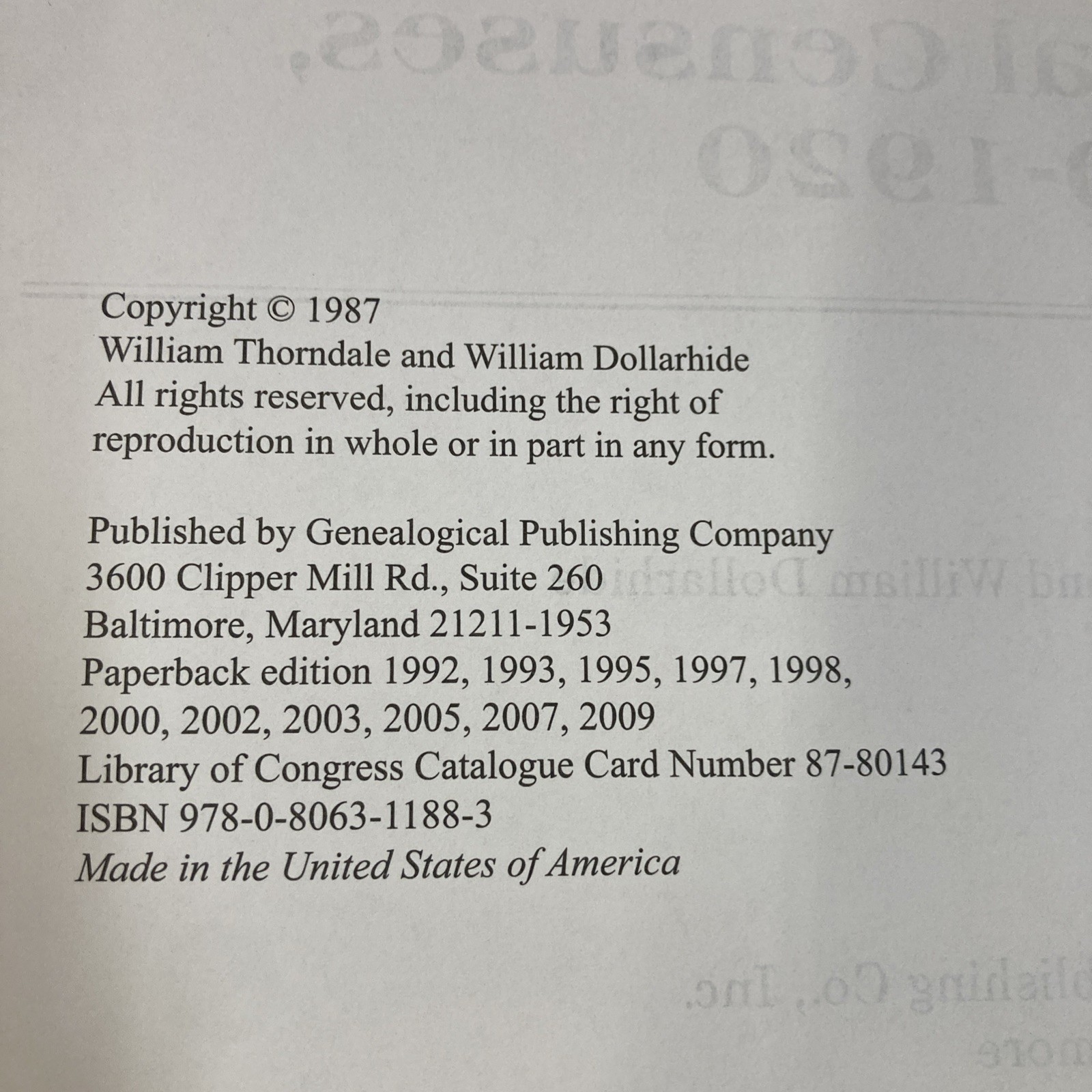 Map Guide to the US Federal Censuses 1790-1920 SC Thorndale & Dollarhide Good