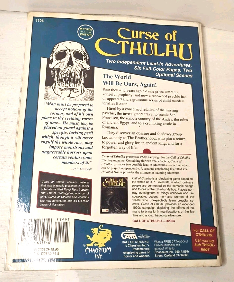 Call of Cthulhu 1920s: Curse of Cthulhu Schemes of The Brotherhood Chaosium 3306
