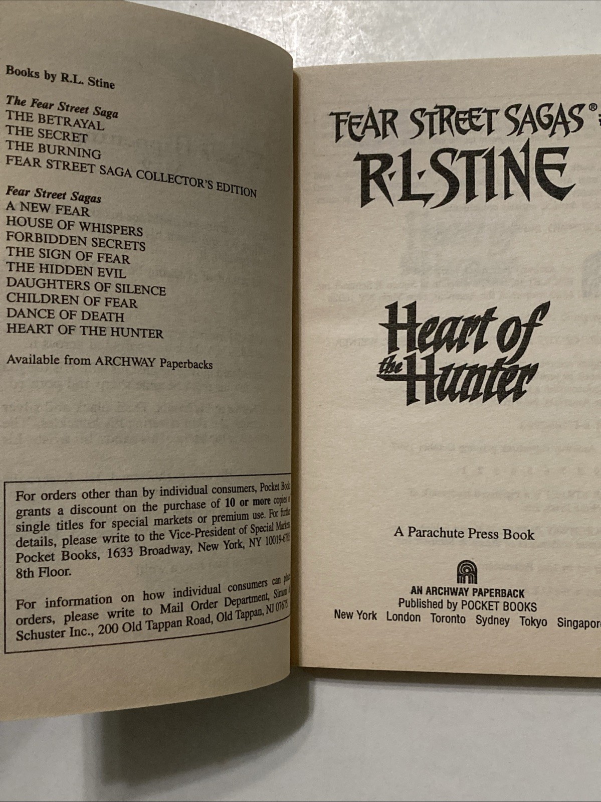 R.L. Stine FEAR STREET SAGAS #9 HEART OF THE HUNTER YA 1997 Archway 1st Edition