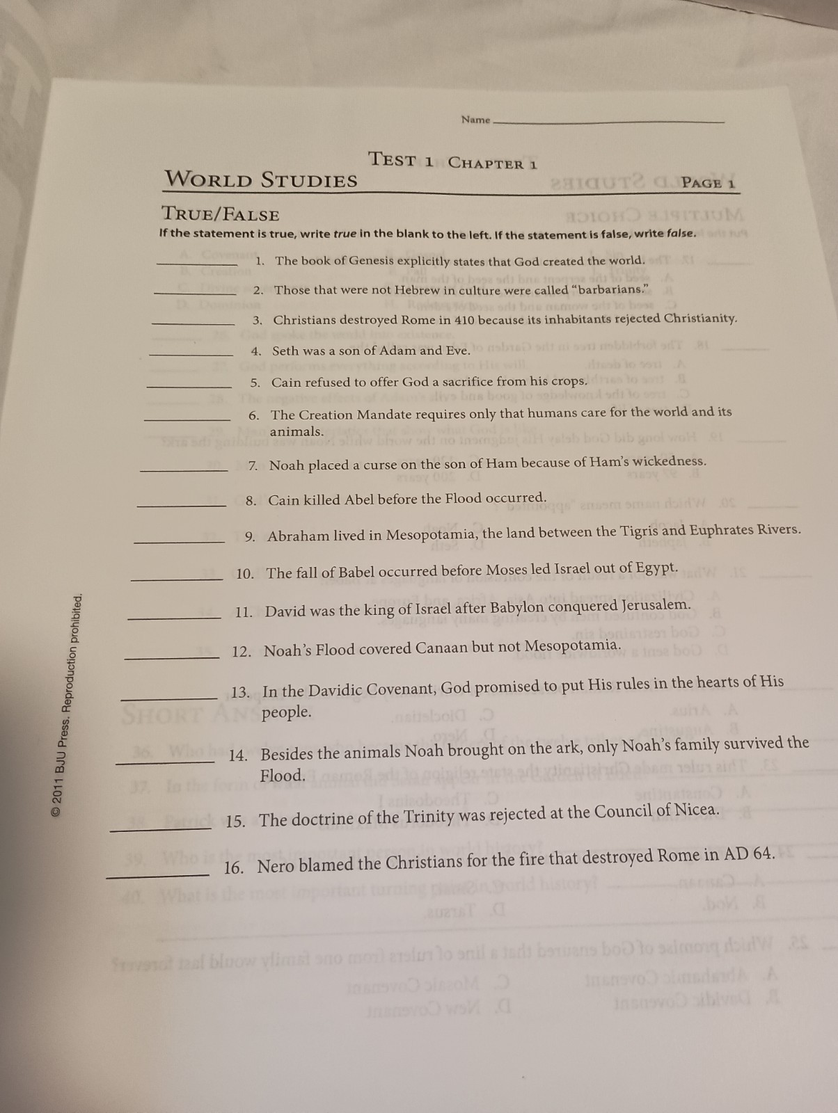 BJU Press World Studies Tests for use w/ 3rd Edition