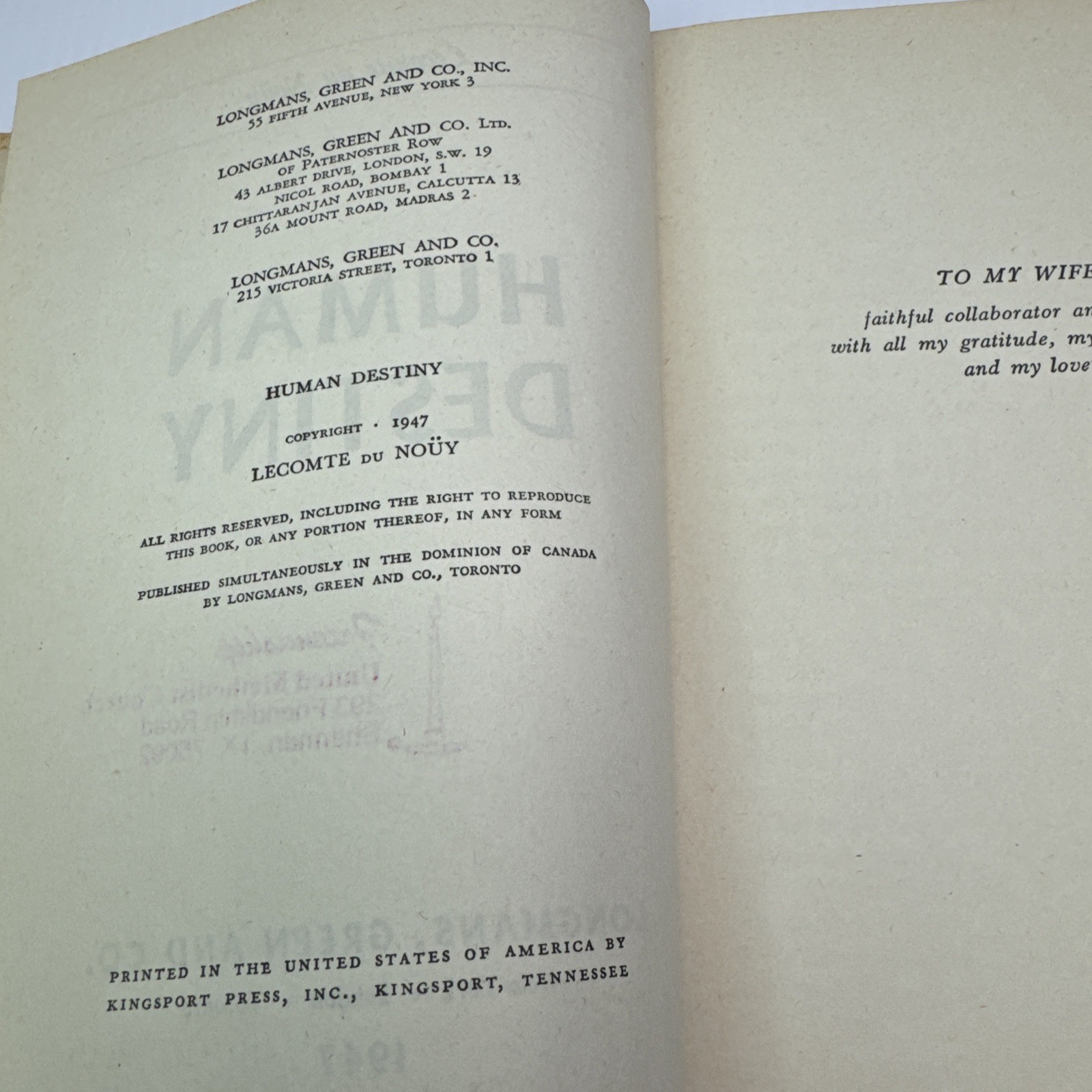 Human Destiny Lecomte du Nouy Hardcover 1947 Longmans Green and Co.
