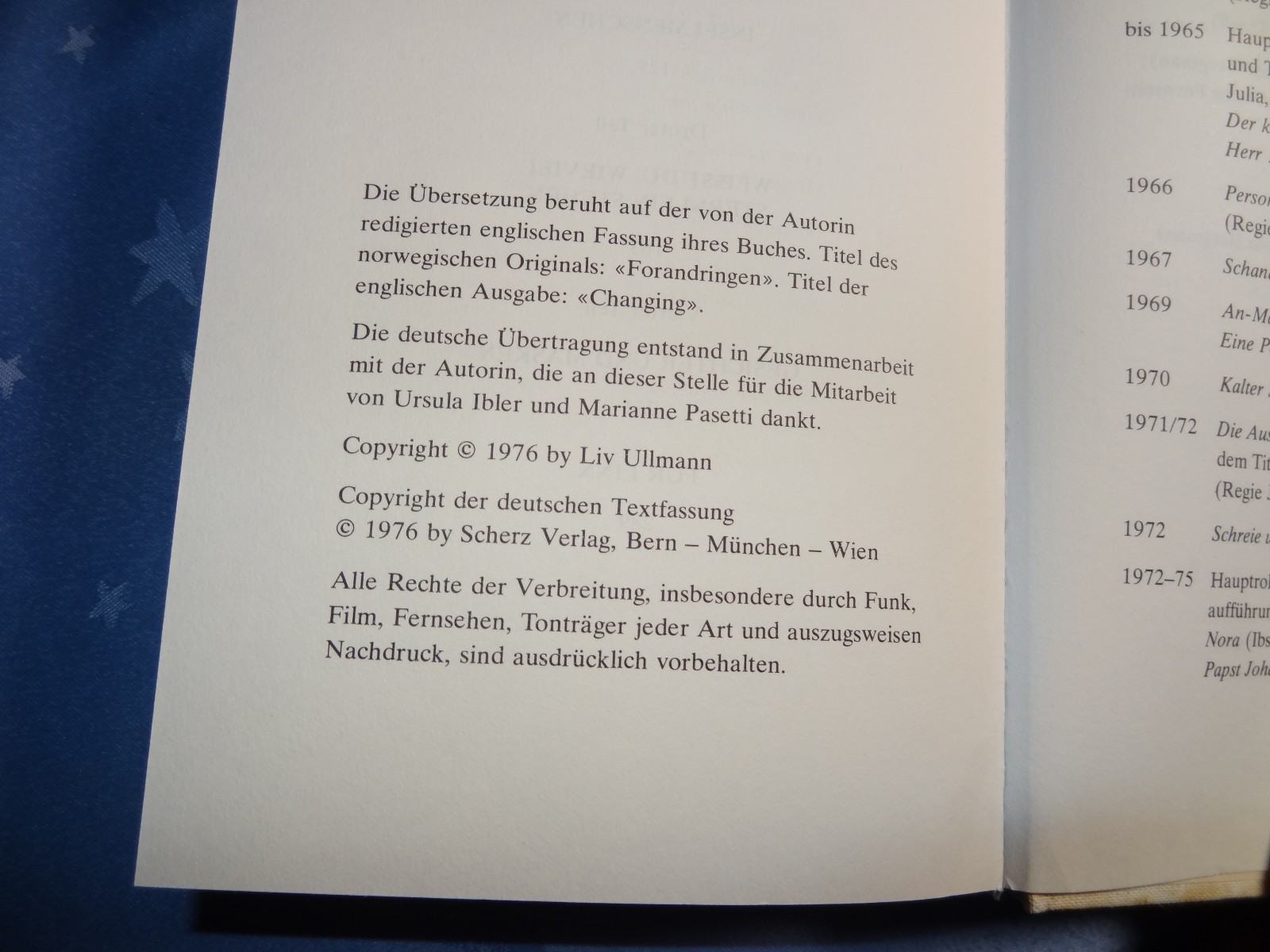 Wandlungen von Liv Ullmann – Gebundene Ausgabe 1976 -Scherz Verlag