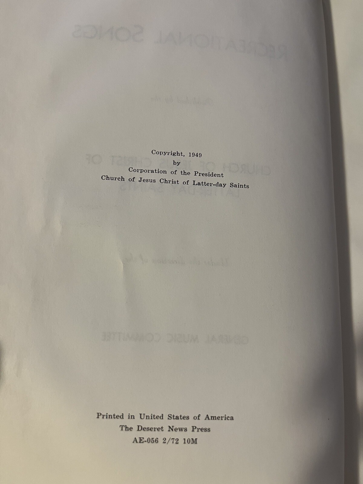 1949 Recreational Songs Mormon LDS General Music Committee Latter-day Saints