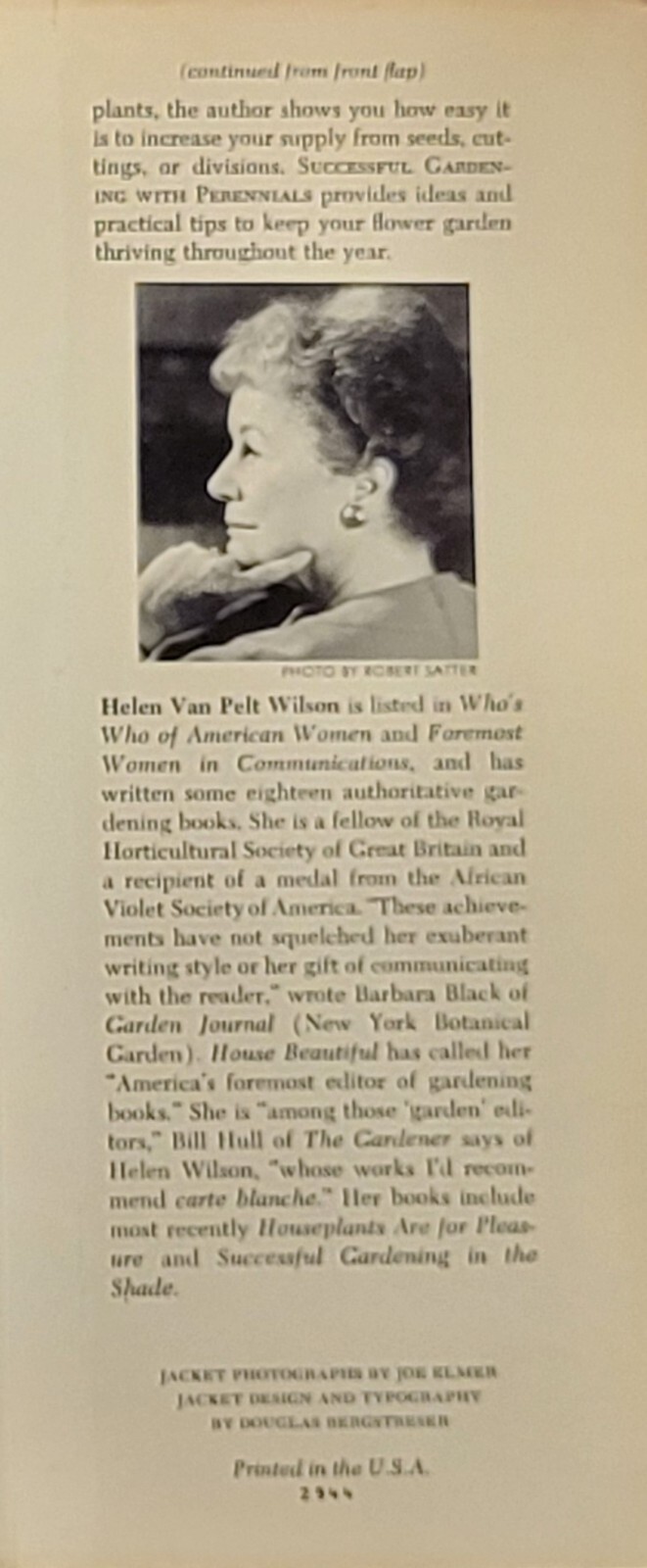 Successful Gardening with Perennials : by Helen Van Pelt Wilson 1976 HC 2642