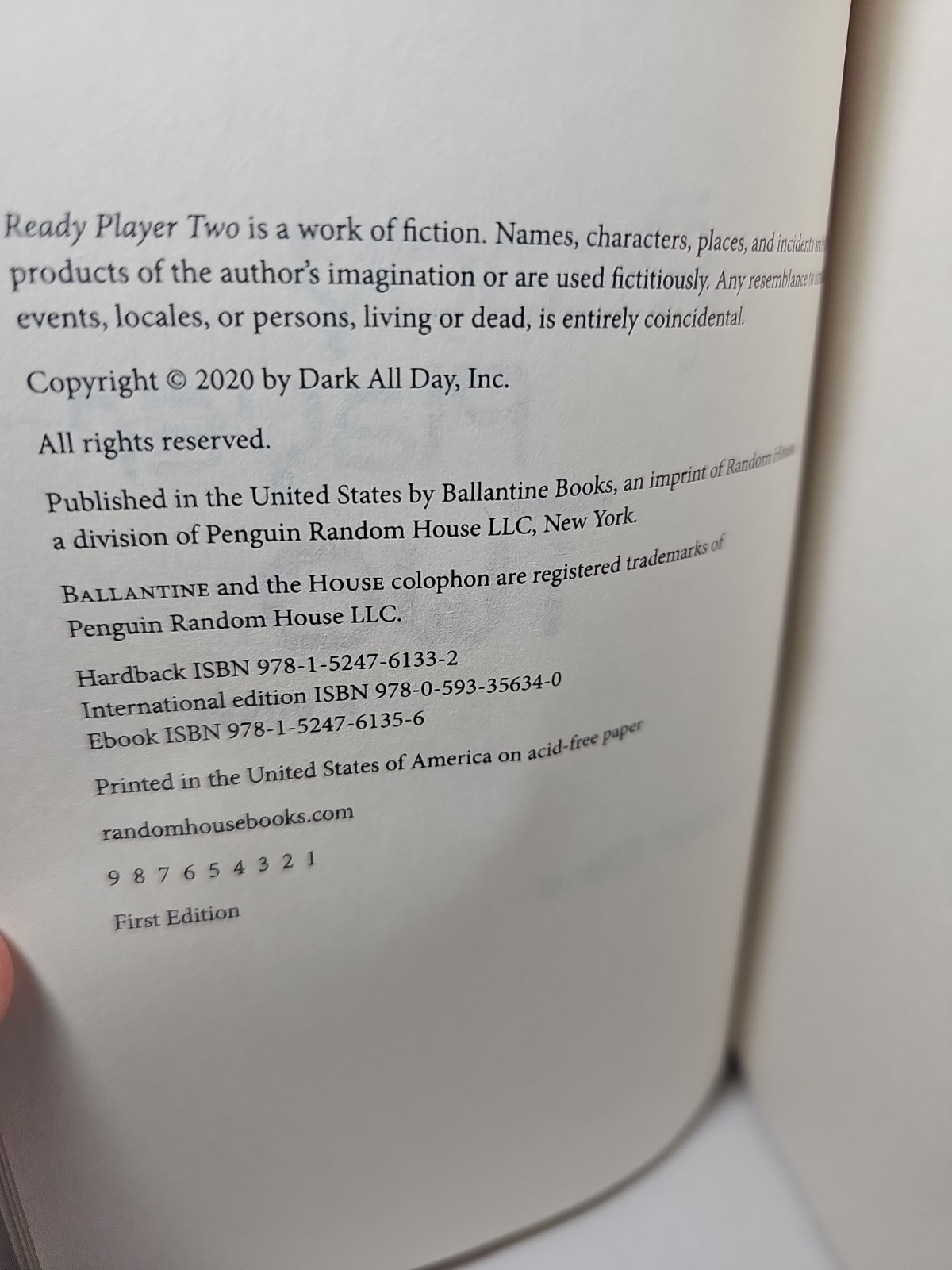 2020 Ready Player Two Ernest Cline Author Signed First Print HC 9781250246554