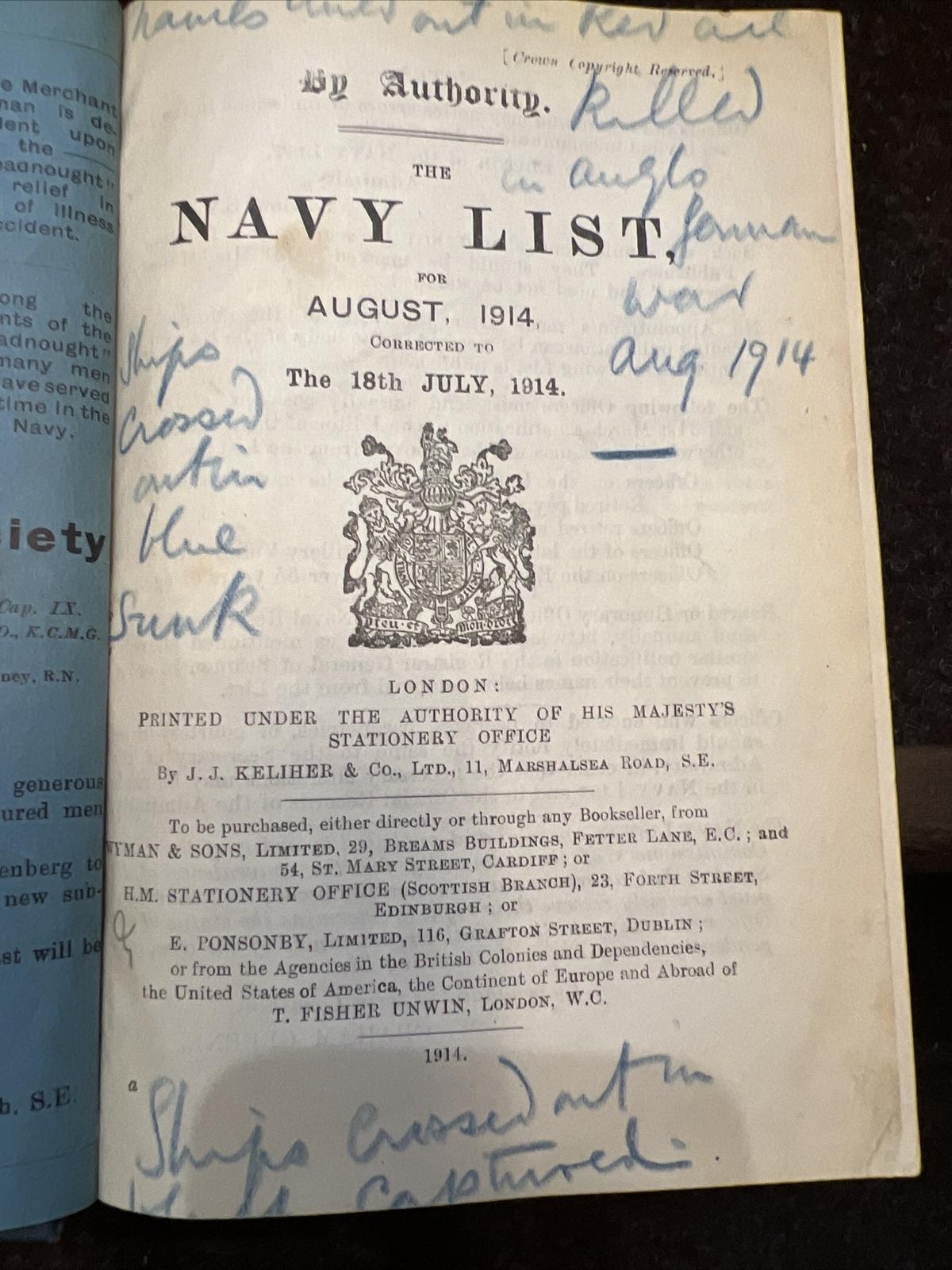 The Monthly Navy List August 1914 London United Kingdom British Royal Marines