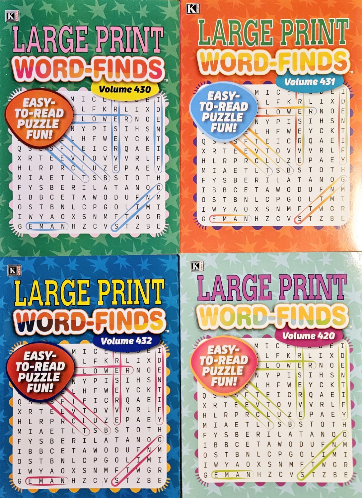 Set Of 4 Large Print Word-Finds Puzzle Books by Kappa 80 Pages Each Assorted New
