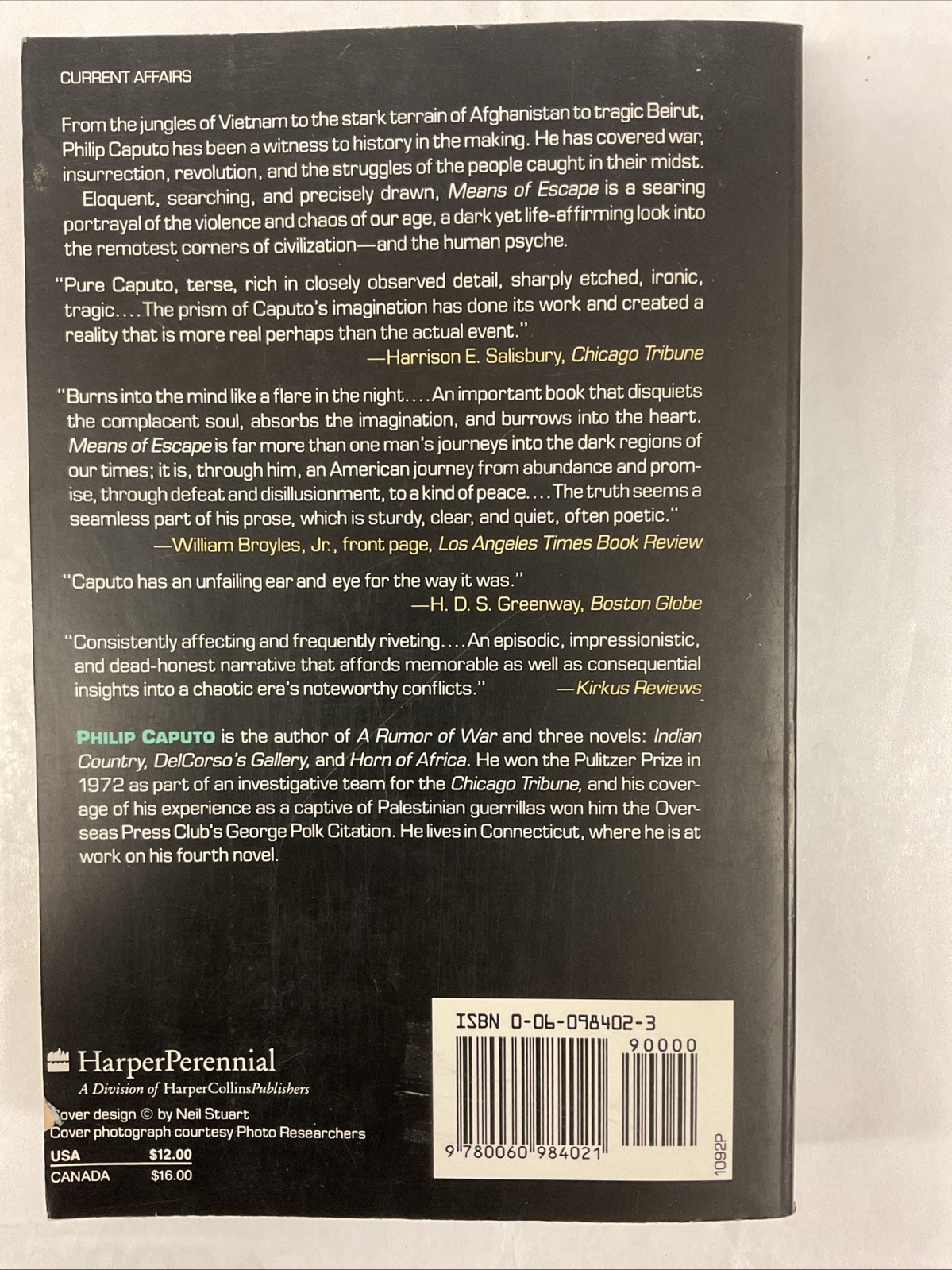 Means of Escape by Philip Caputo (1991, HarperCollins, Trade Pbk)