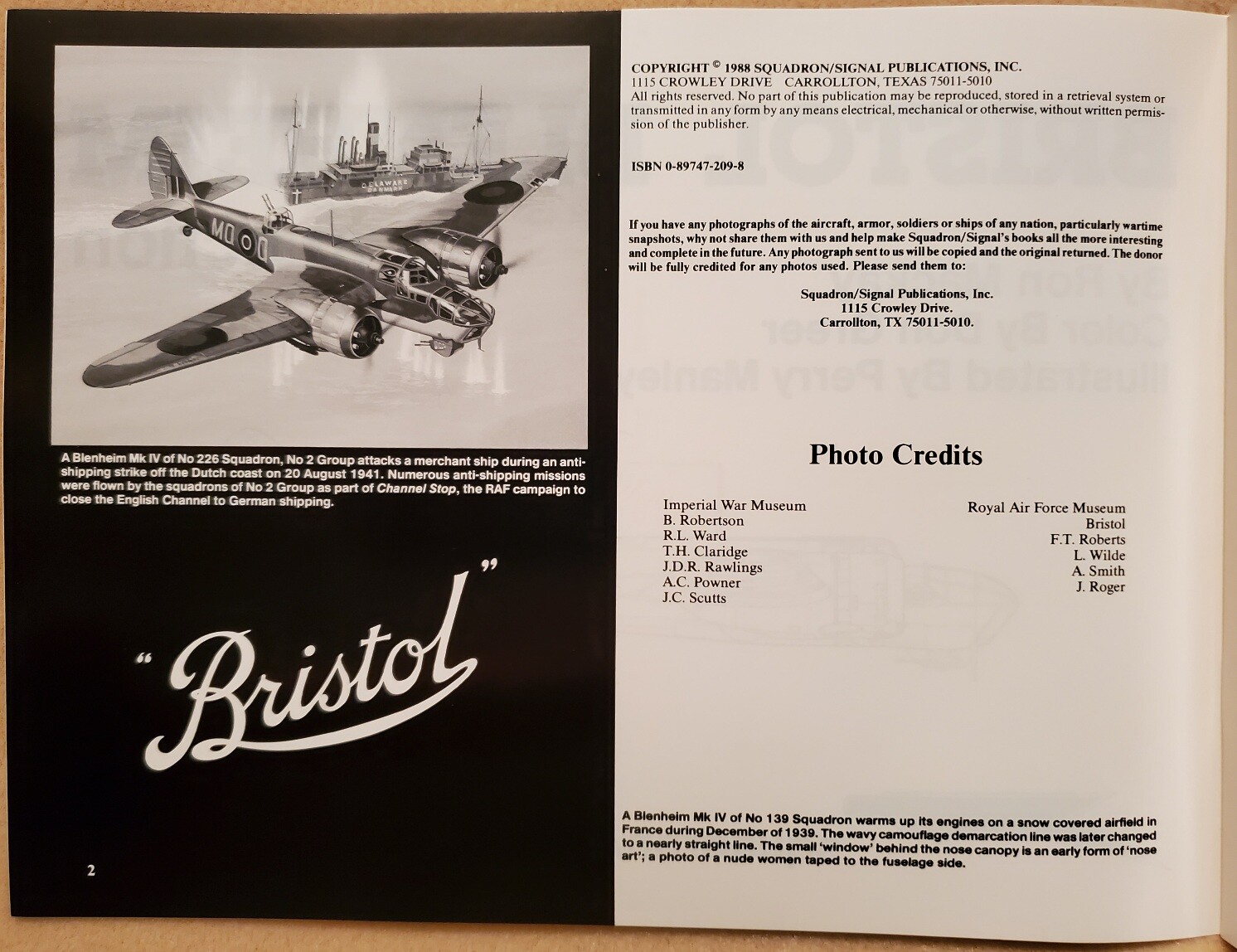 Bristol Blenheim in Action 1088 Aircraft Number 88 Squadron/ Signal Publication