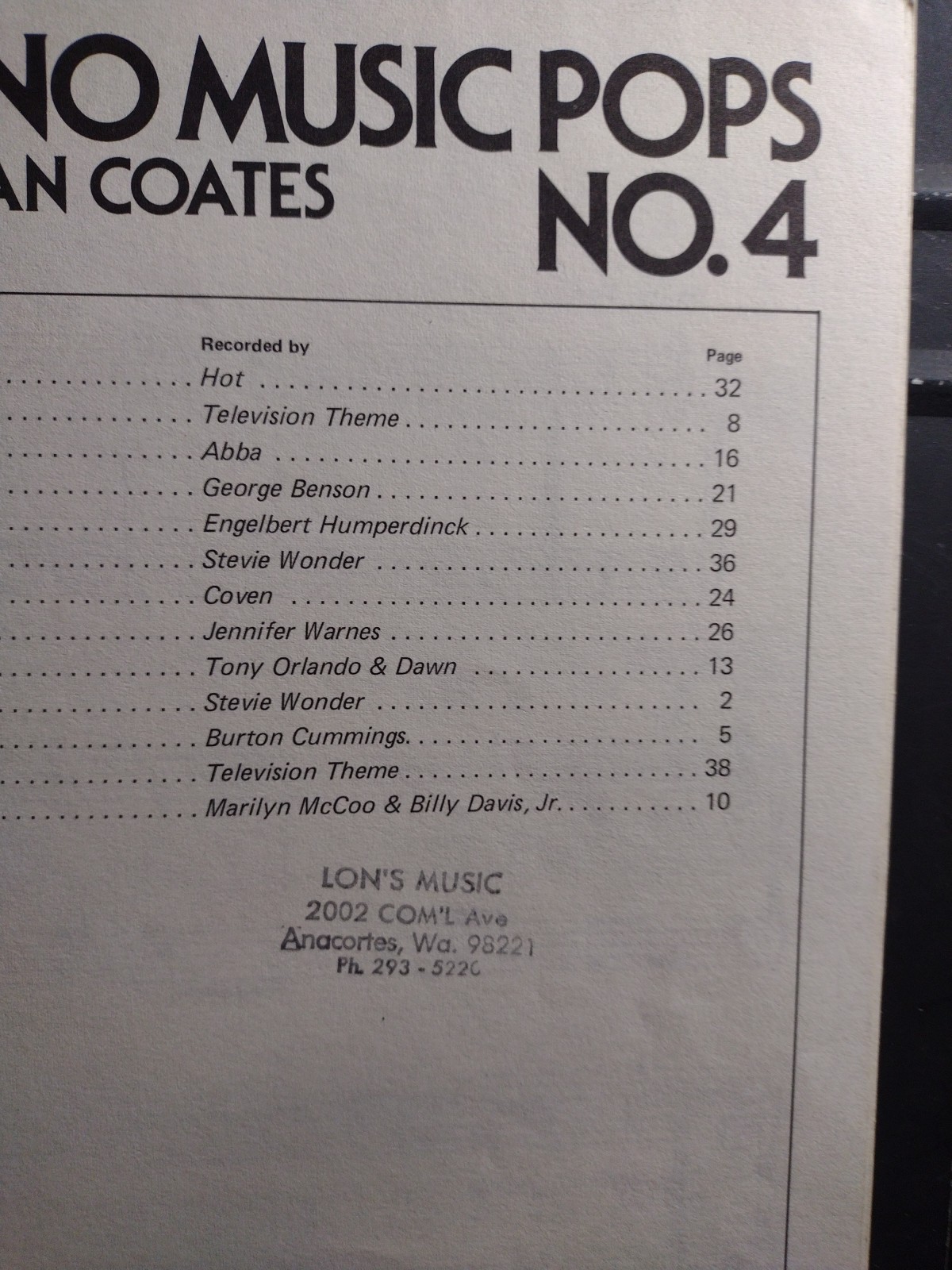 Dan Coates Easy Piano Songbook Music Pops No 4 1970’s Compilation Good Cond