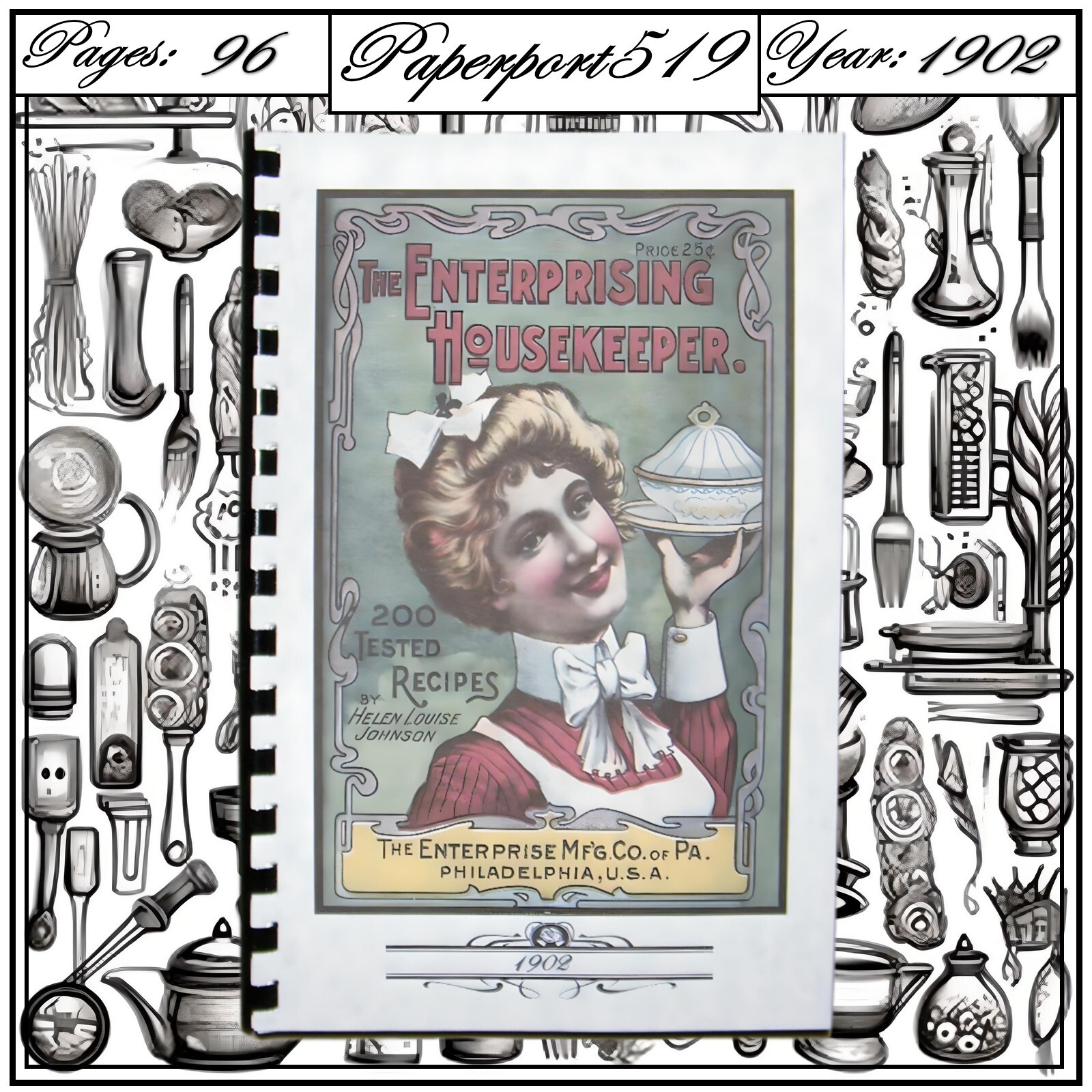1902 The Enterprising Housekeeper 200 Tested Recipes CookBook 96 Pages