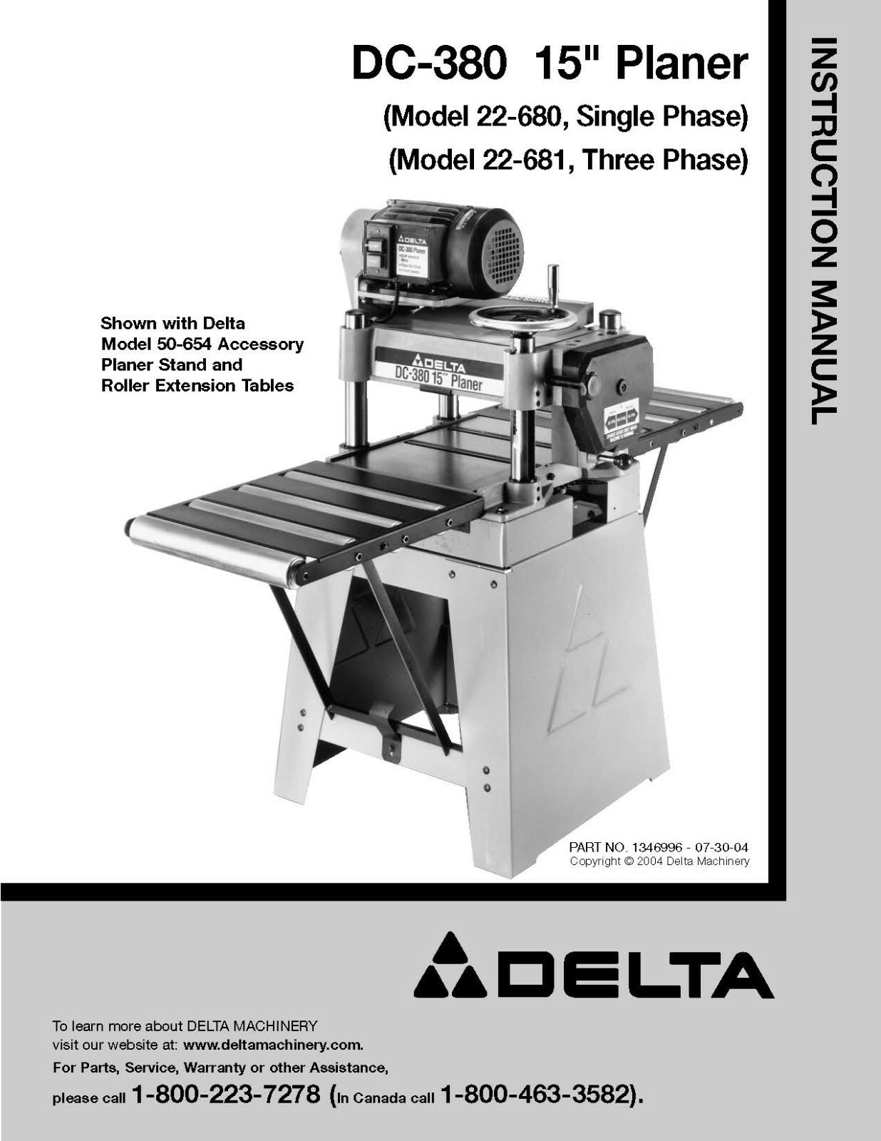 Delta 22-675 DC-380 22-680 22-681 Instruction Manual User Guide For 15″ Planer