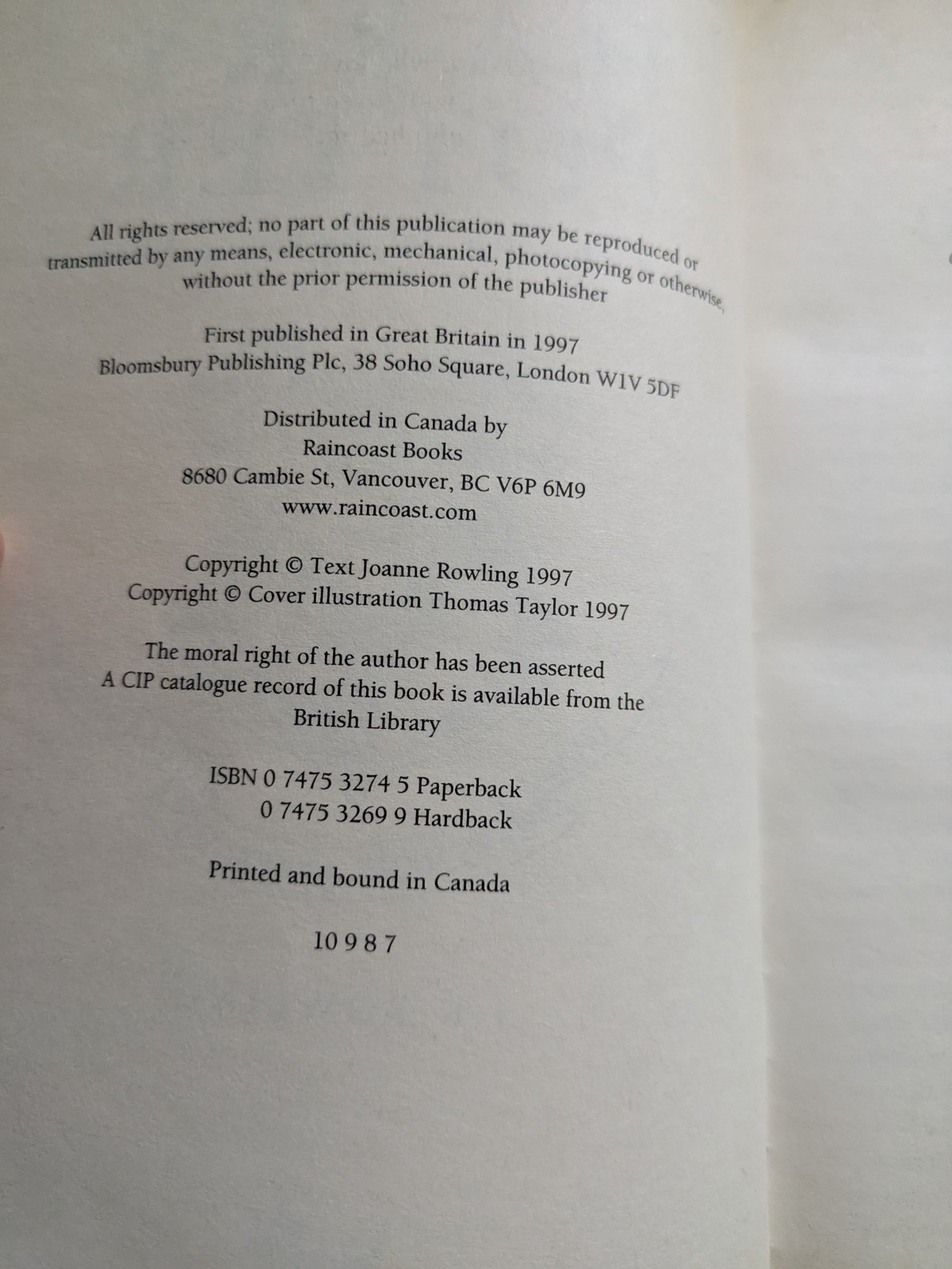 First Canadian Edition Harry Potter and the Philosopher’s Stone Errors Misprint