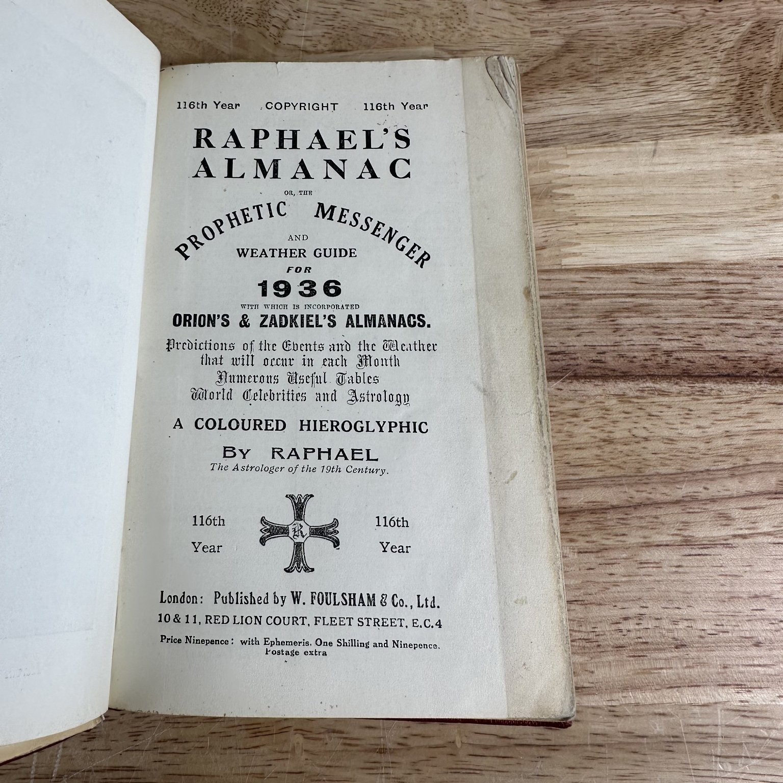 Raphael’s Almanac Prophetic Messenger 1936 116th Ed Astrology W. Foulsham