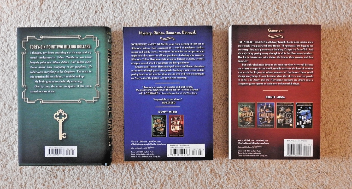 INHERITANCE GAMES BOOKS SET OF 3 BY JENNIFER LYNN BARNES (2020, 2021, 2022)