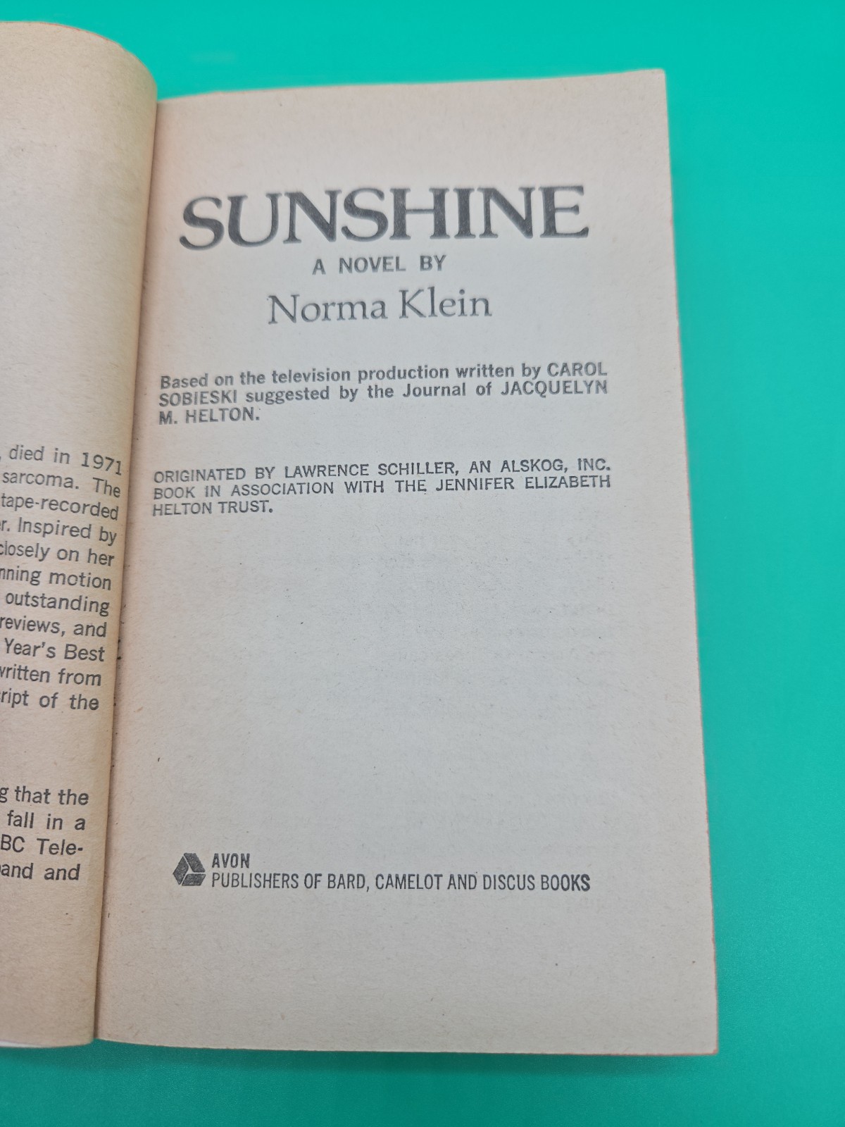 Sunshine 1974 Norma Klein Avon Paperback Vintage Novel