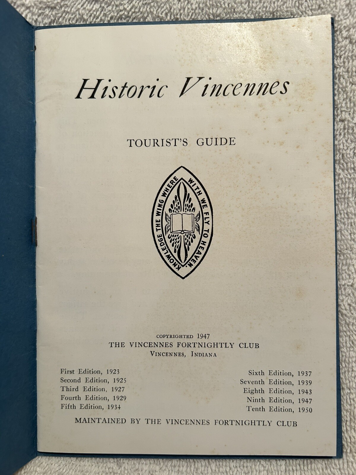 Vtg. Book Tourist Guide To Historic Vincennes IN 40 Pages Illustrated 1947 W/Map
