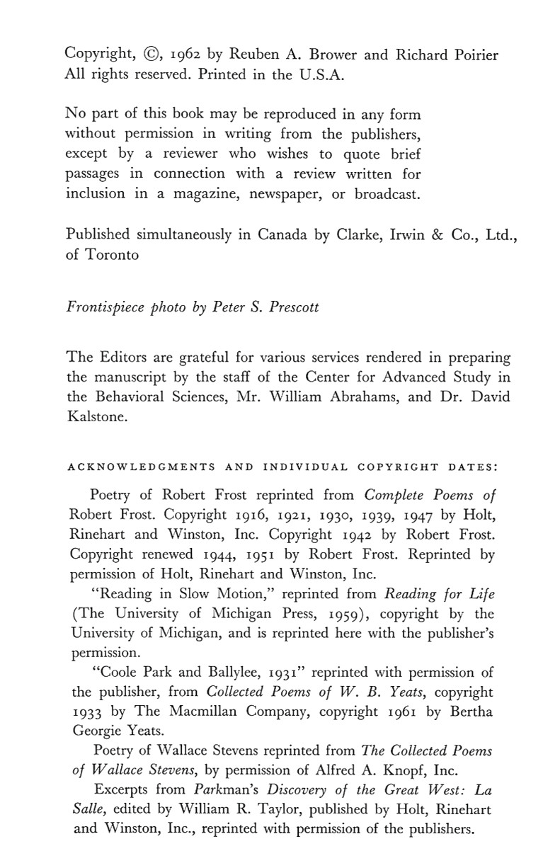 In Defense of Reading Literary Criticism Reuben Brower Richard Poirier 1962 PB