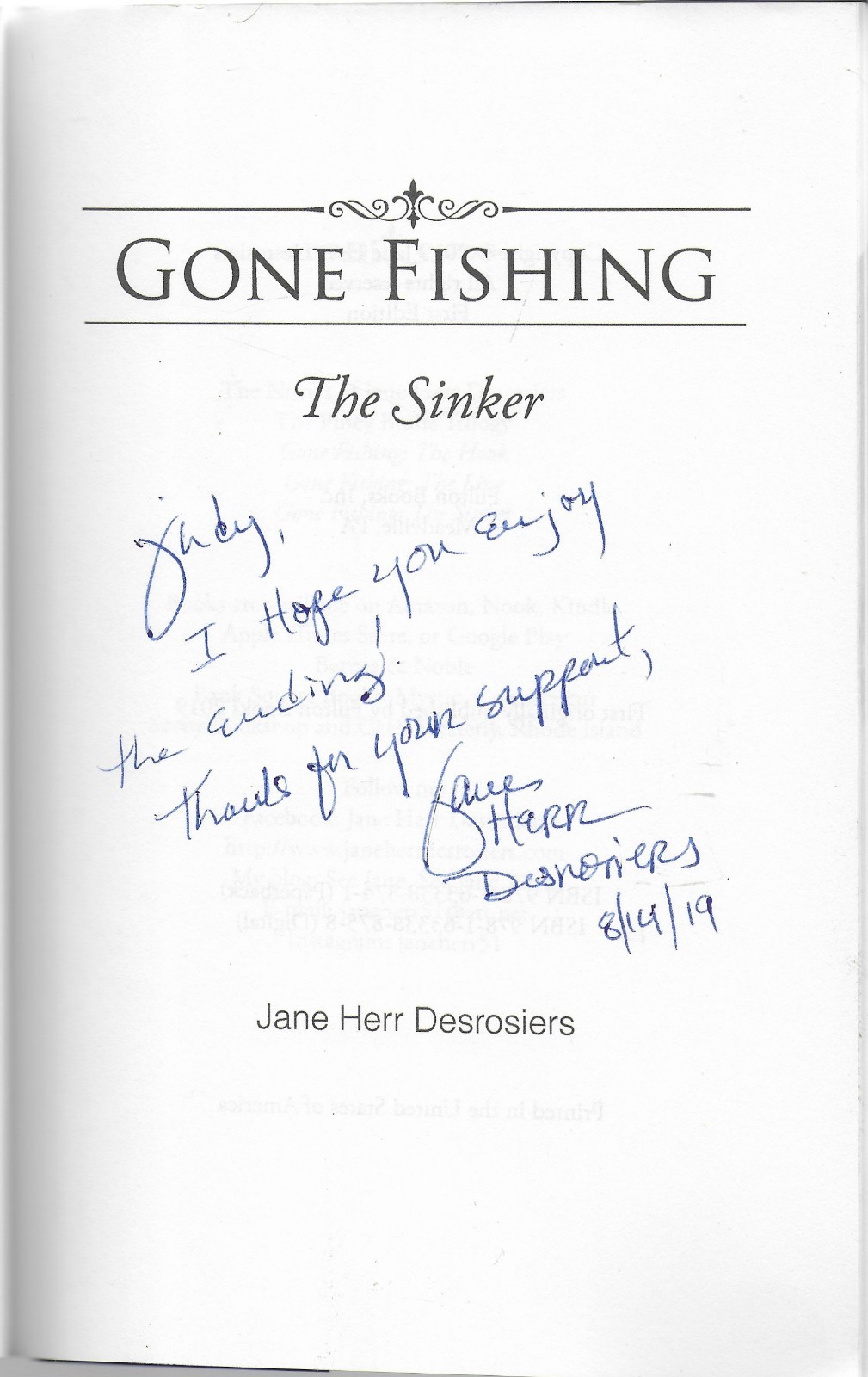 Gone Fishing: The Sinker by Jane Herb Desrosiers, plus bookmark