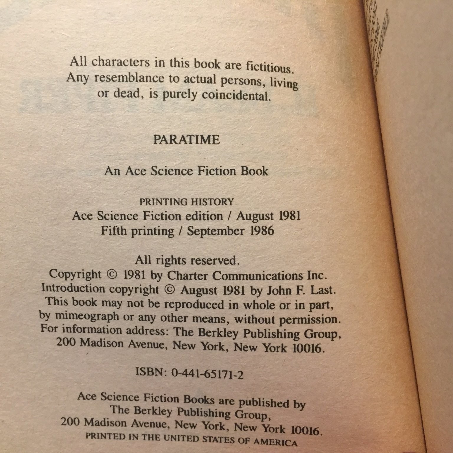 Paratime H. Beam Piper 1986 Ace Books Time Travel Science Fiction Paperback Book