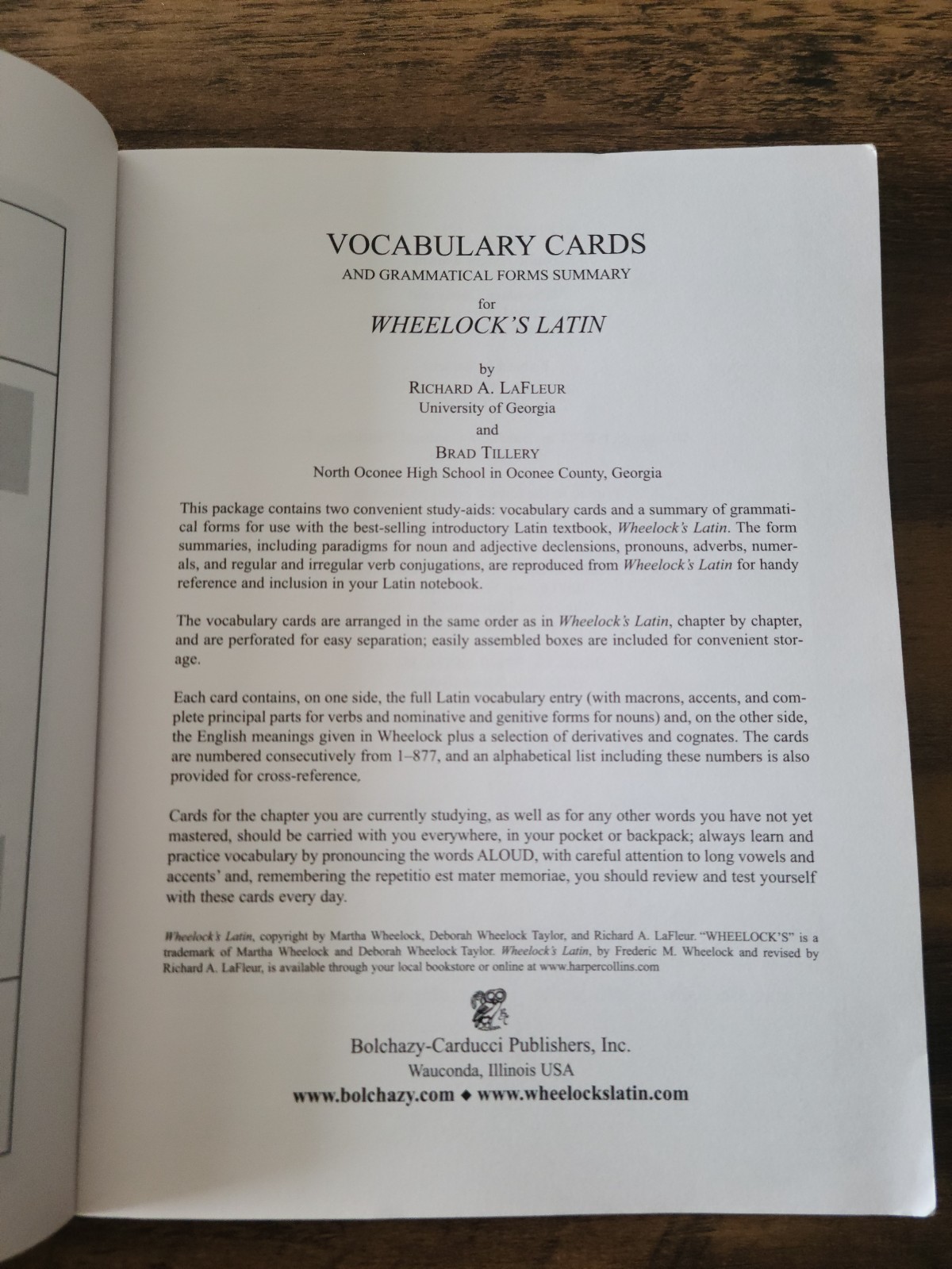 Vocabulary Cards and Grammatical Forms Summary for Wheelock’s Latin