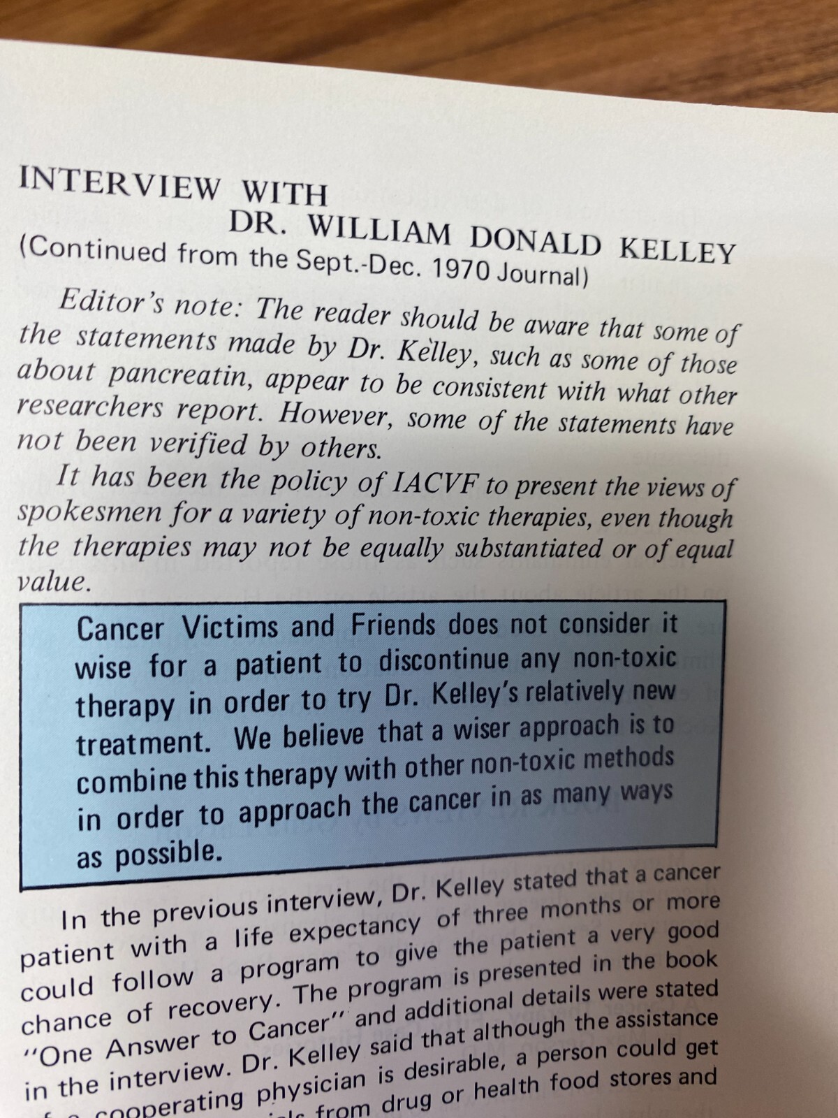 1971 Cancer News Journal Featuring Dr. Kelley Ecological Cancer Approach