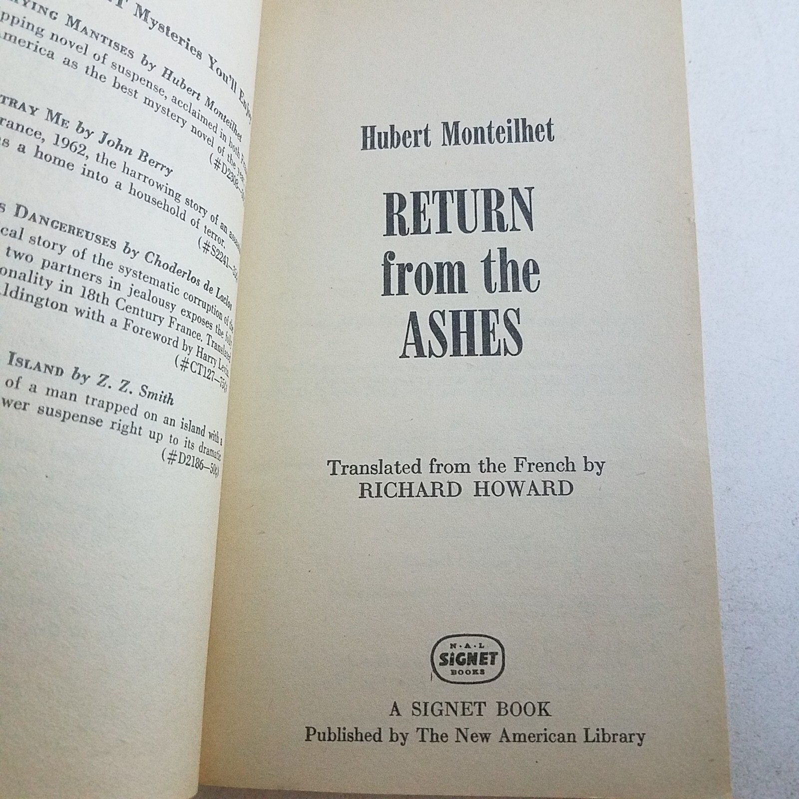 Return From The Ashes By Hubert Montielhet 1963 Simon And Schuster