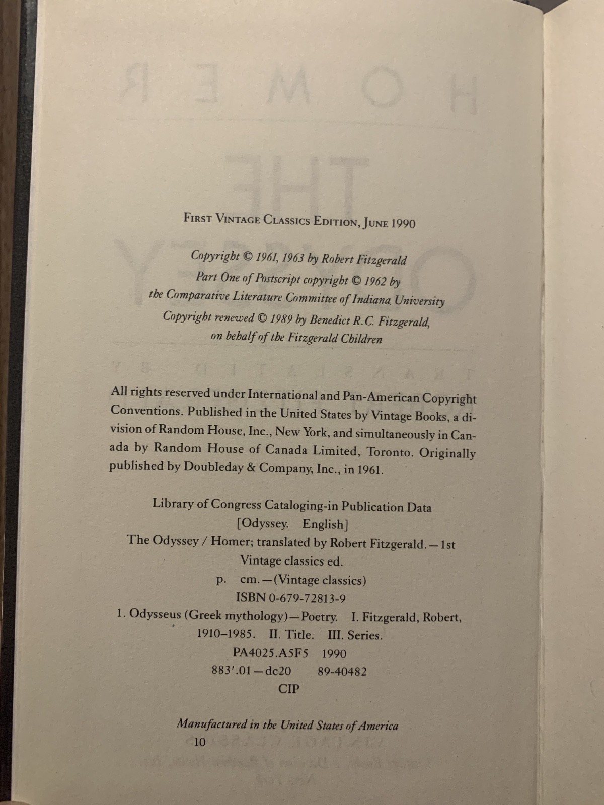 The Odyssey by Homer – Hardcover 1990