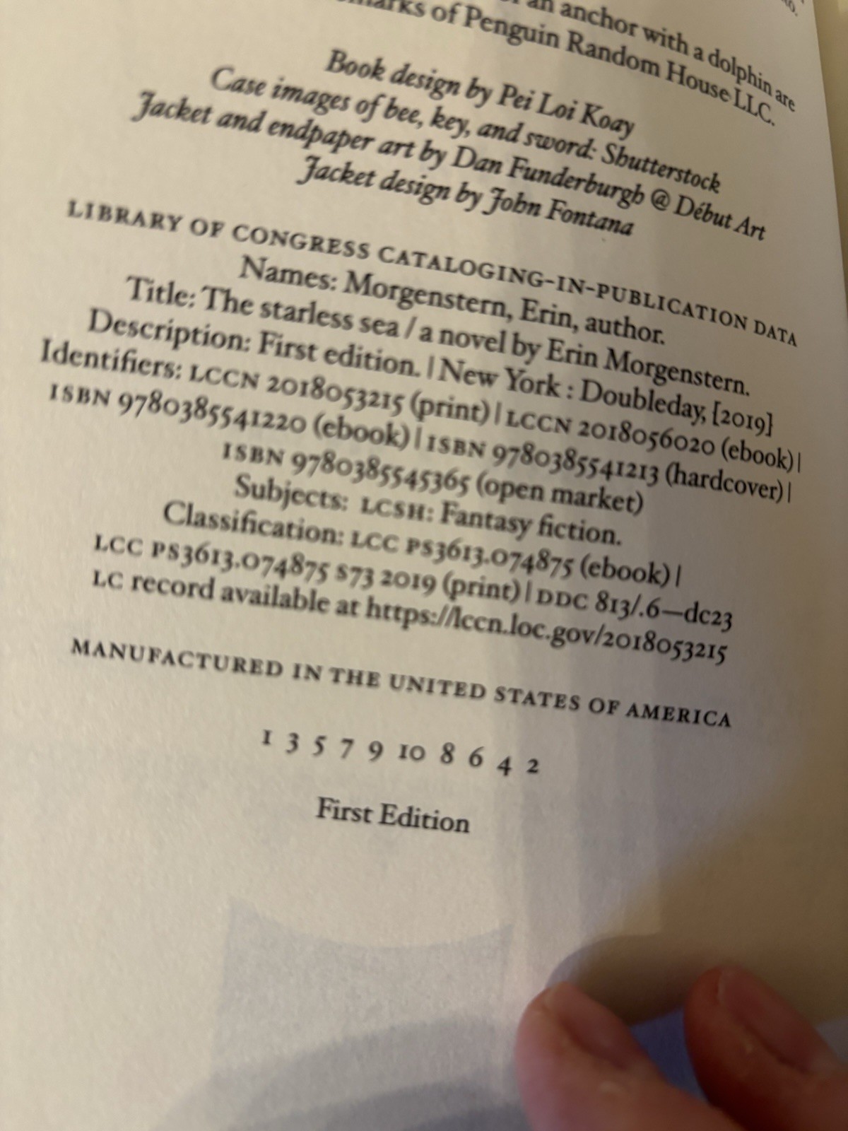 The Starless Sea. Erin Morgenstern. 1st HC Ptg. Doubleday 2019. Near Fine +