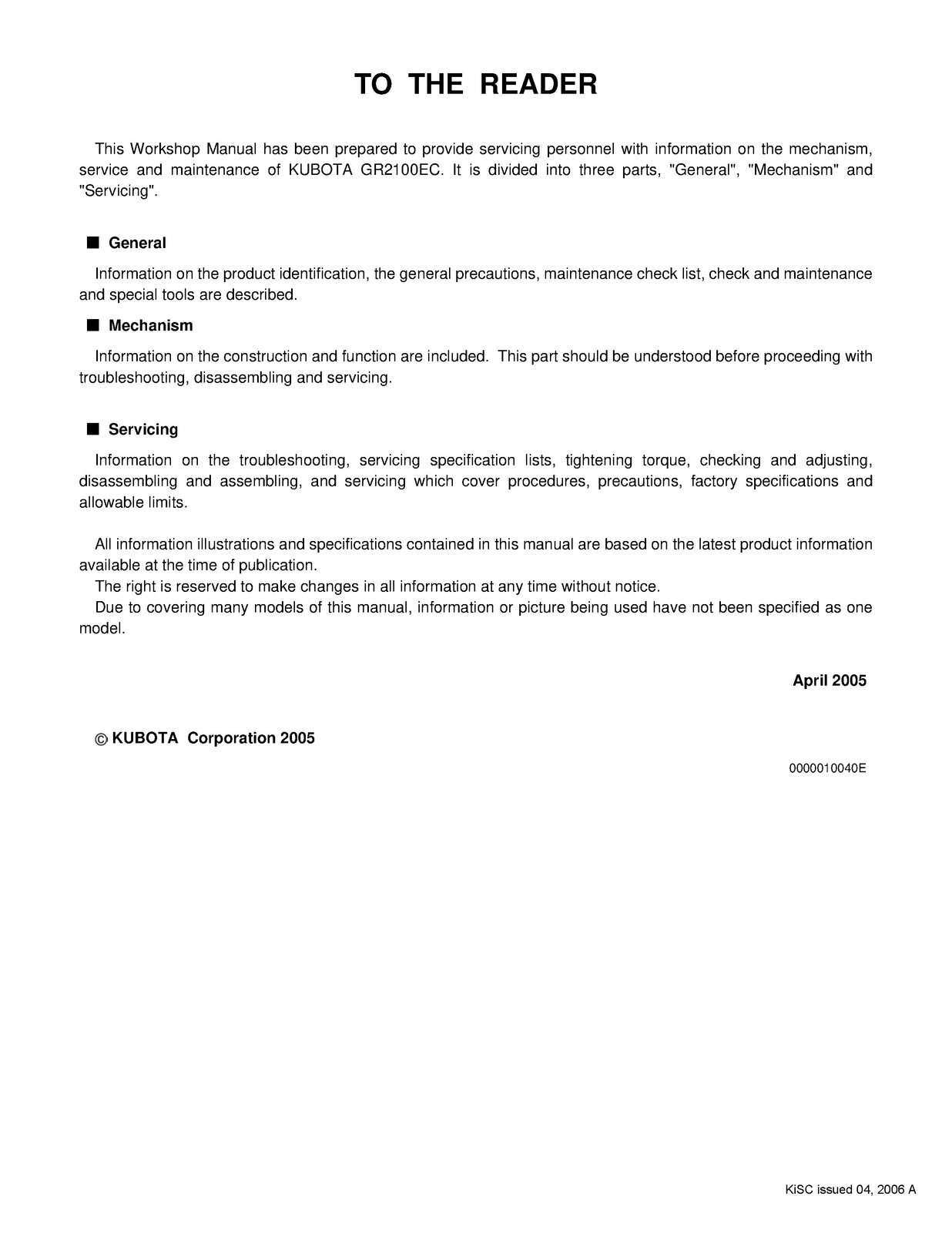 KUBOTA GR2100EC Riding Mower Workshop Manual 2005 – WIRE BIND – TOUGH COVERED
