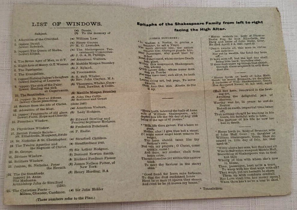 1910 CATALOGUE OF SHAKESPEARE BIRTHPLACE,Art,History, BIRTHPLACE Pamphlet/Ticket