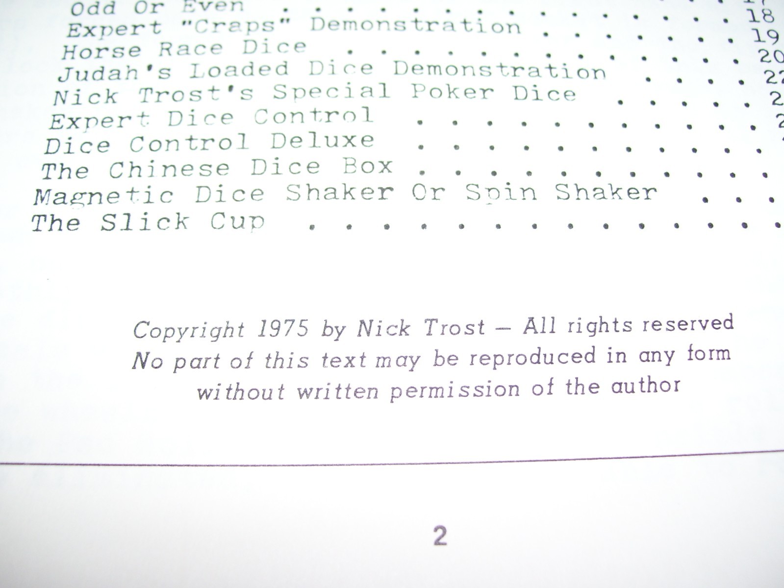 Gambling Tricks with Dice Nick Trost Book 1975 30 pages Free Shipping