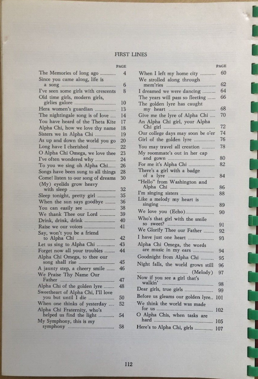 Songs of Alpha Chi Omega, 1952 paperback 11th Ed. Revised, 112 pages w/ 64 songs