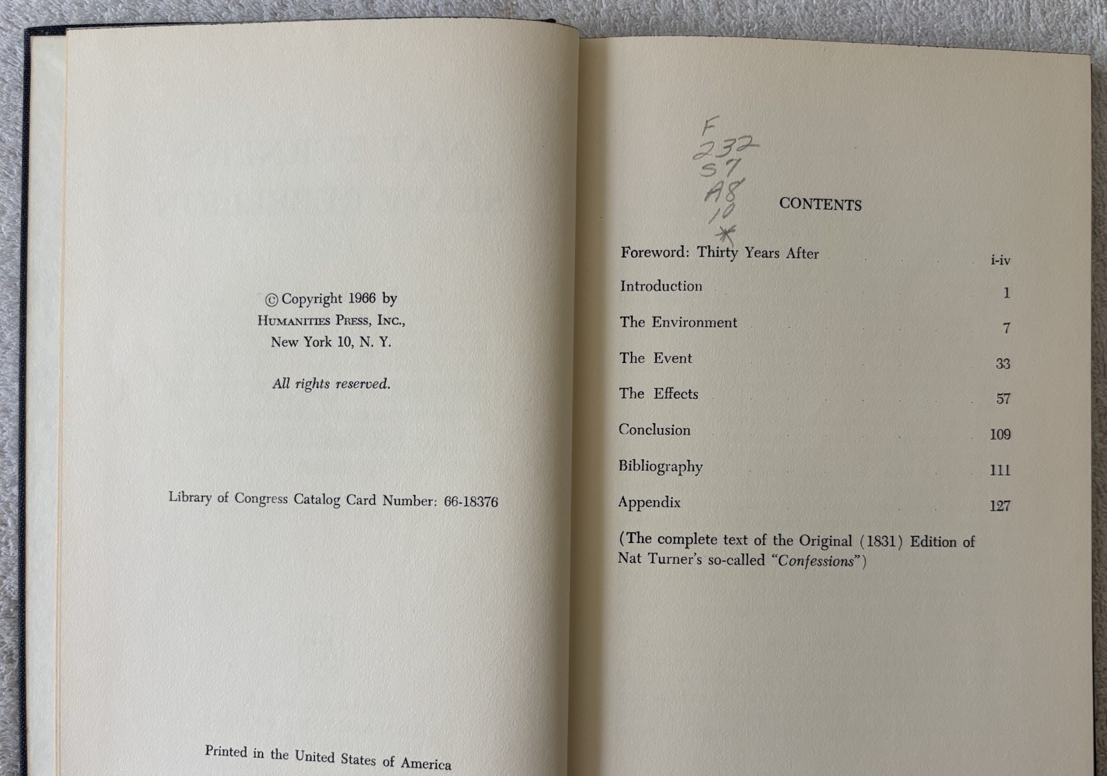 Vintage HC Book: NAT TURNER’S SLAVE REBELLION, Herbert Aptheker, 1966