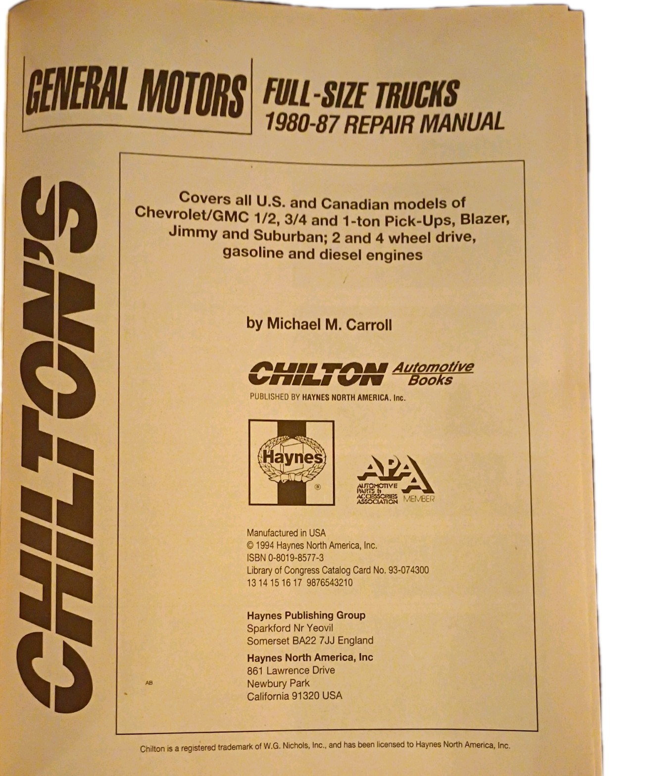 Chilton Repair Manual 28622 W/ Wiring Diagram For GM Full-Size Trucks 1980-1987