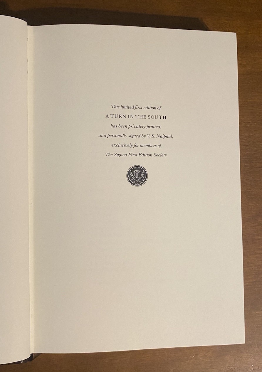 Signed 1st Ed A Turn in the South V.S. Naipaul Franklin Library Leather 1989