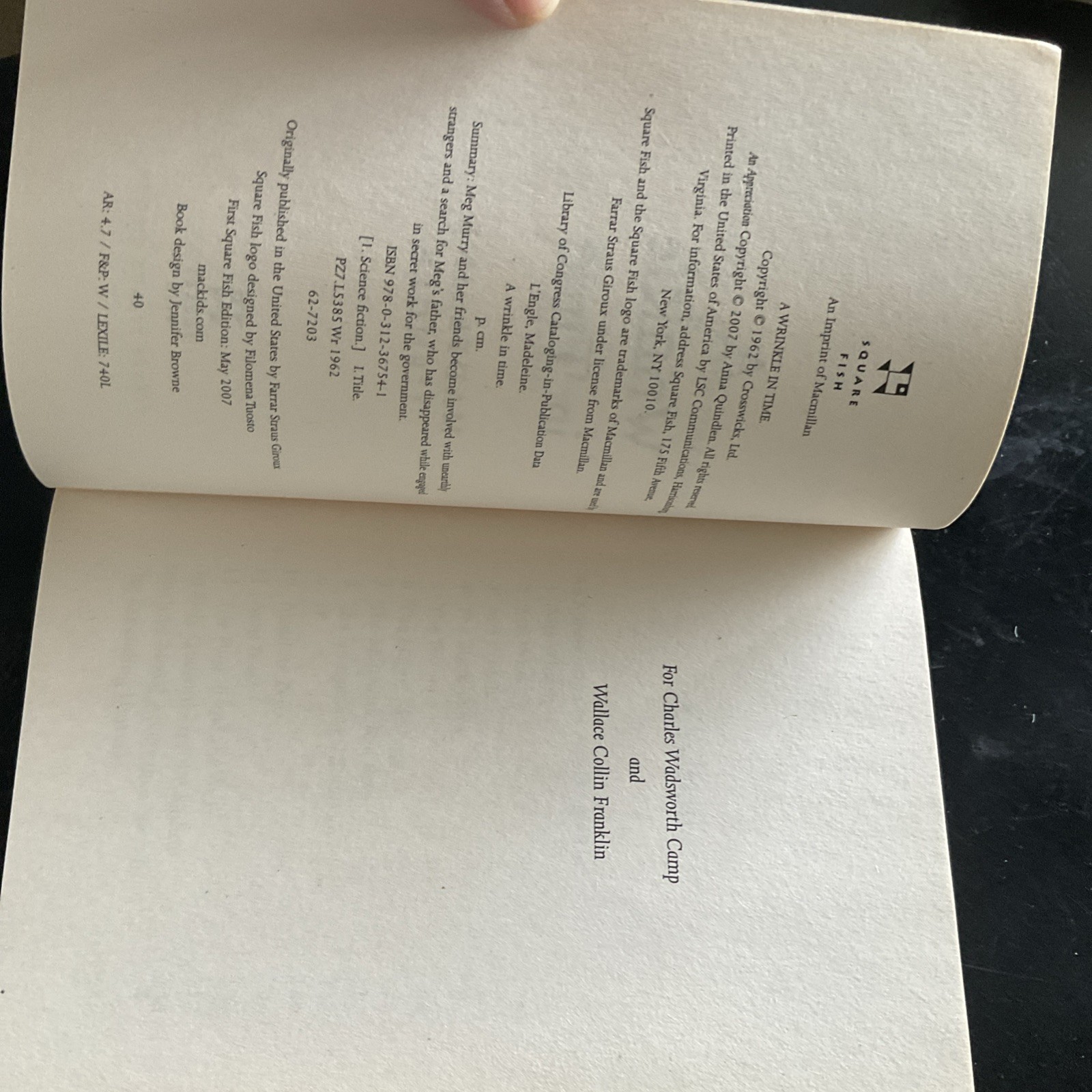 A Wrinkle in Time By Madeleine L’Engle ISBN 978-0-312-36754-1