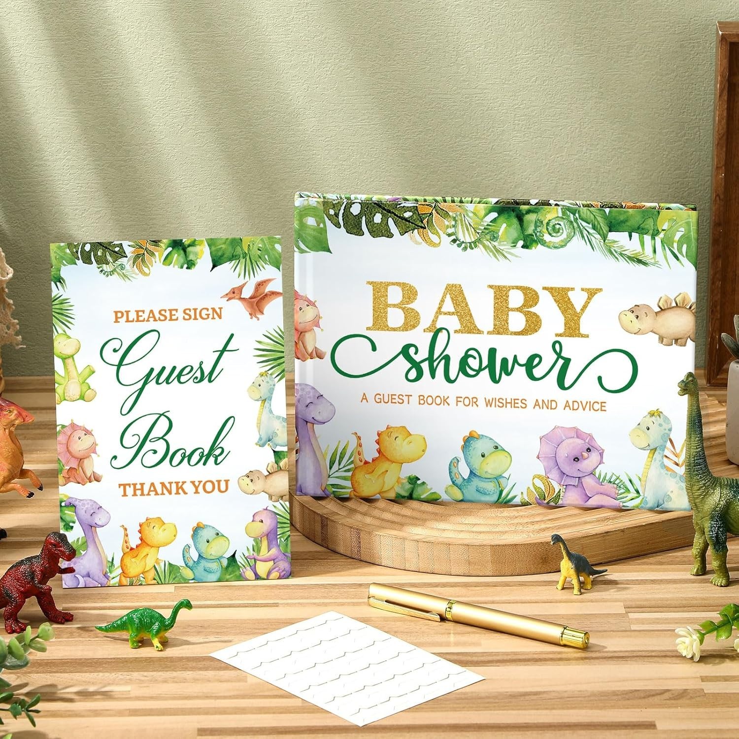 Dinosaur Baby Shower Guest Book with Gold Pen & Photo Corners – Elegant Keepsake