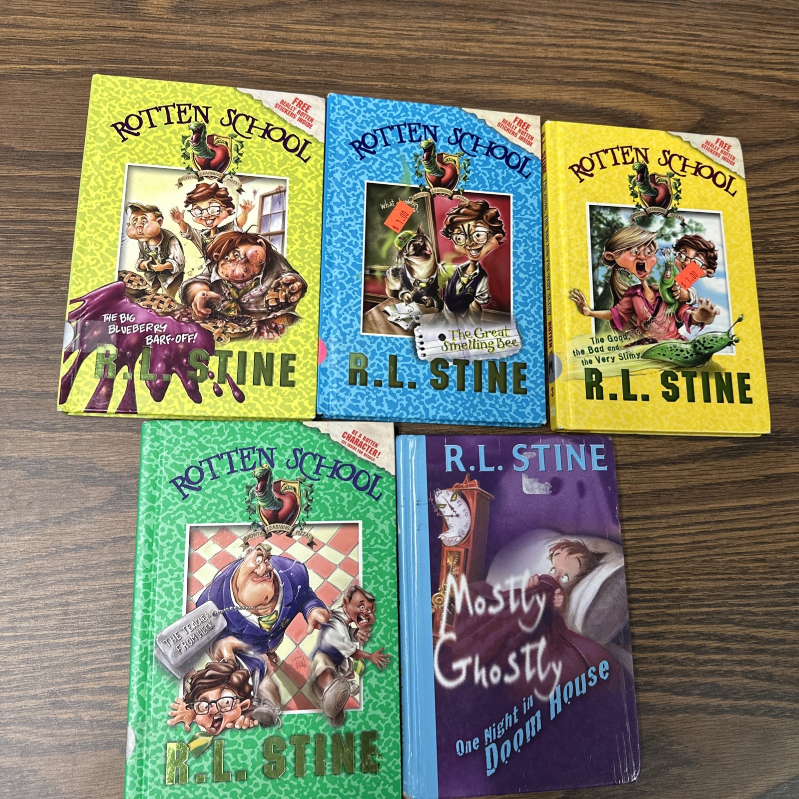LOT of 5 R.L. Stine Hardcovers ROTTEN SCHOOL 1 2 3 8 + Mostly Ghostly Doom House