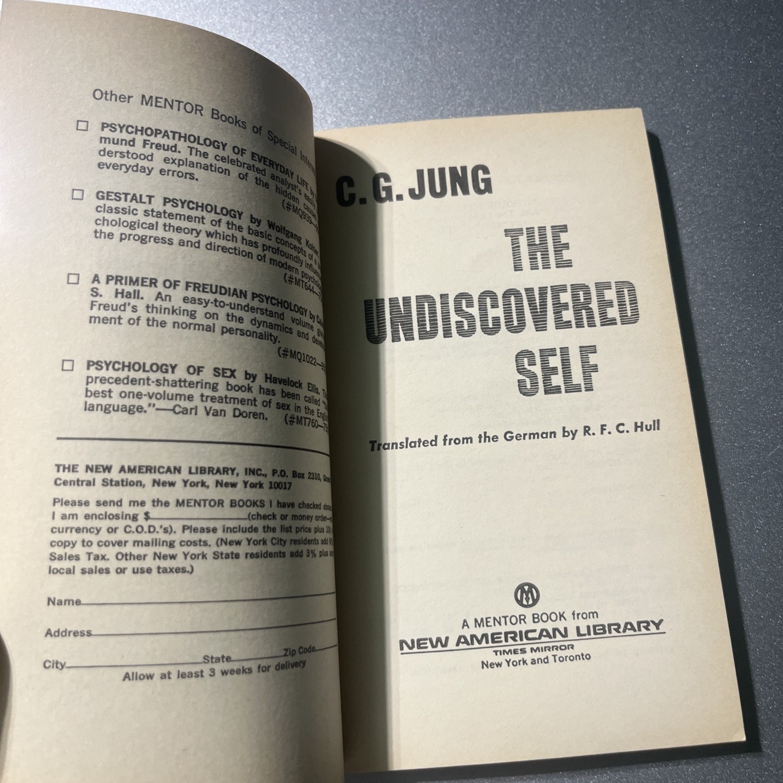The Undiscovered Self by C.G. Carl Gustav Jung Vtg Mentor Book 1958 9th Print