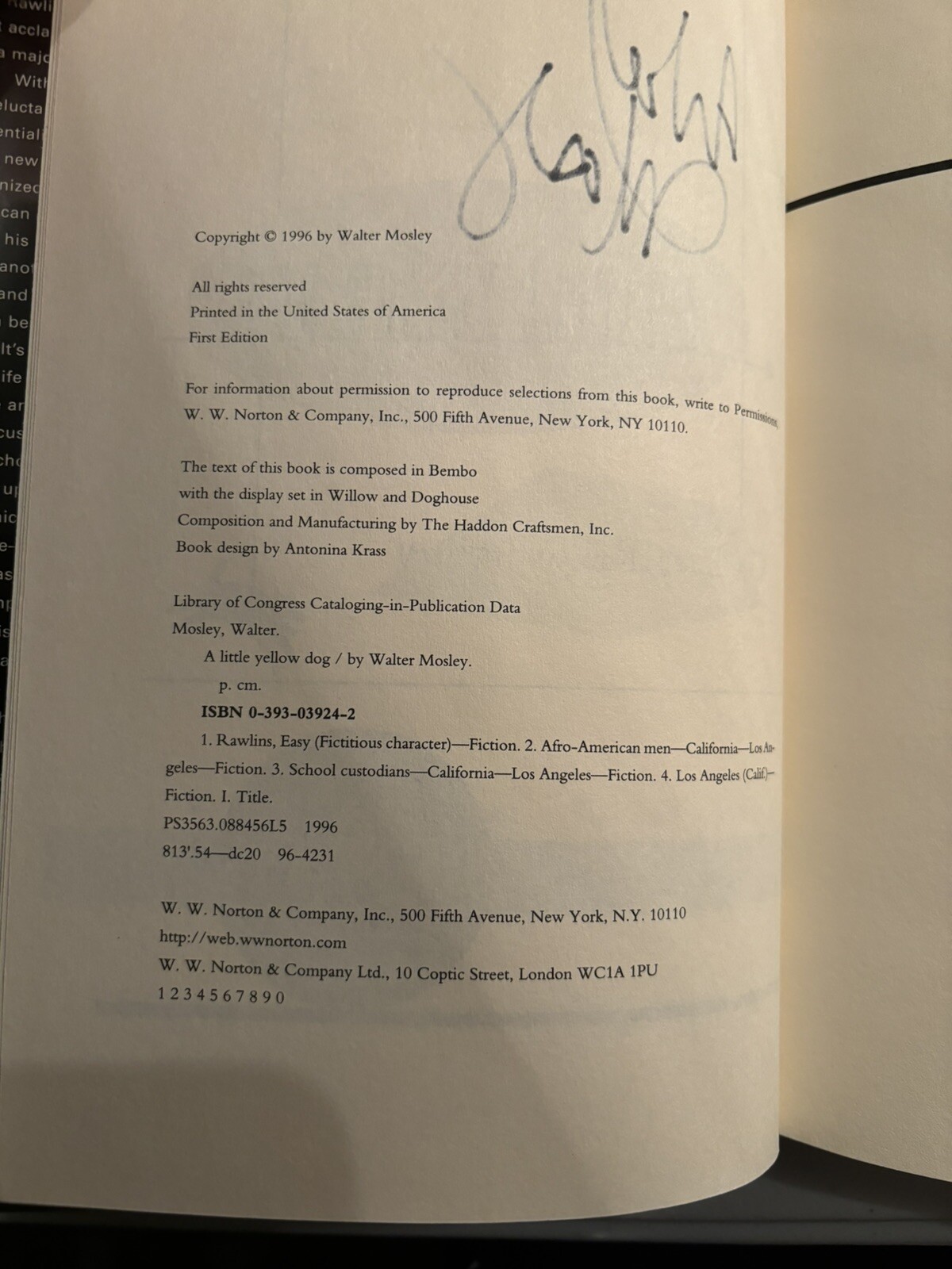 A Little Yellow Dog Walter Mosley First Edition Autographed Copy