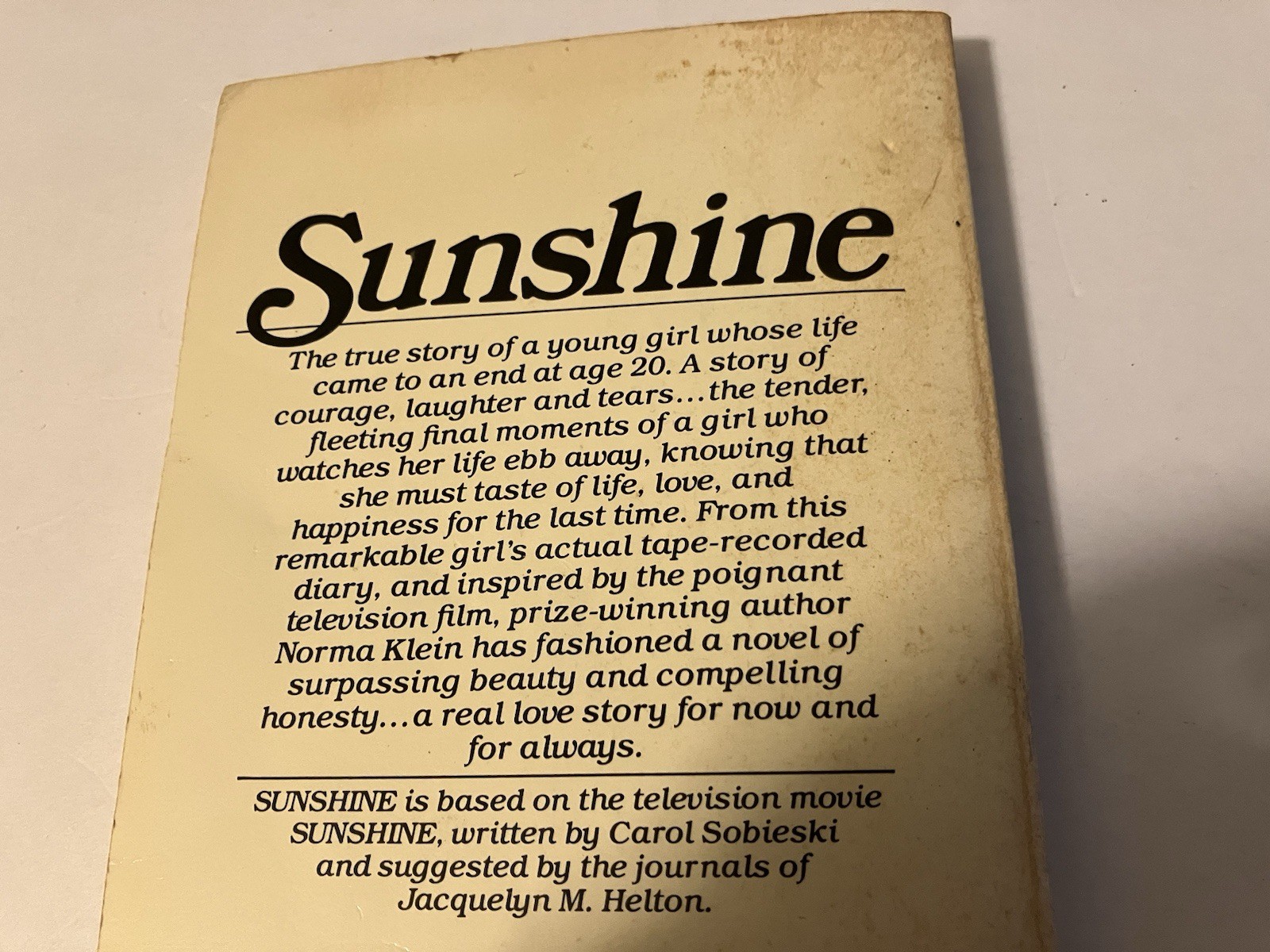 SUNSHINE NORMA KLEIN PB 1ST AVON FLARE 1982 TV MOVIE TIE-IN TRUE STORY HELTON