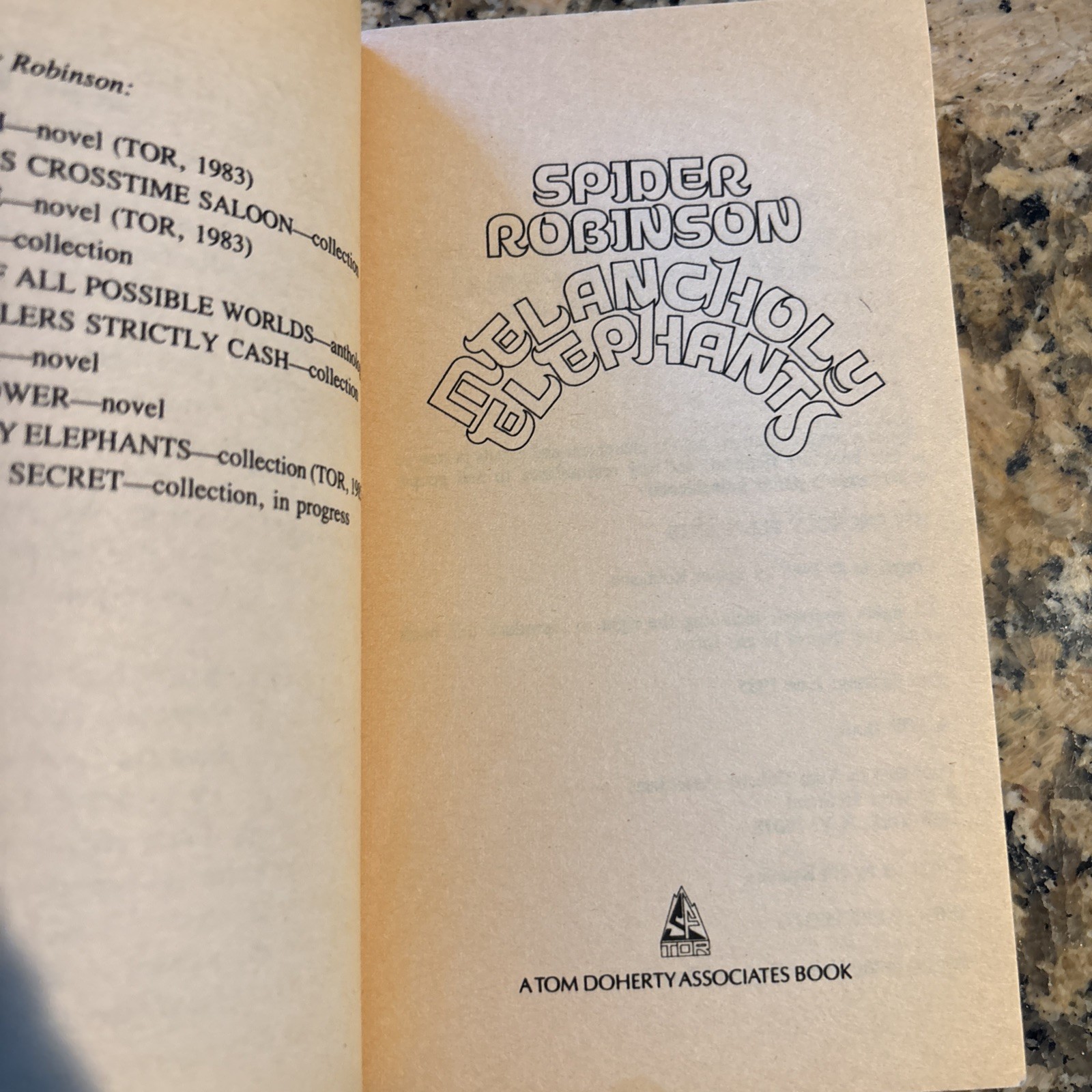 Melancholy Elephants by Spider Robinson VTG 1st Ed 1985 TOR SciFi Paperback OOP