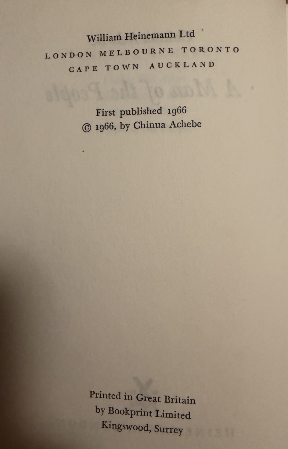 1st Edition A Man Of The People by Chinua Achebe, 1966, Hardcover